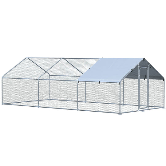 PawHut Large Chicken Coop Metal Chicken Run with Waterproof and Anti-UV Cover, Spire Shaped Walk-in Fence Cage Hen House for Outdoor and Yard Farm Use, 1.3" Tube Diameter, 9.8' x 19.7' x 6.4'