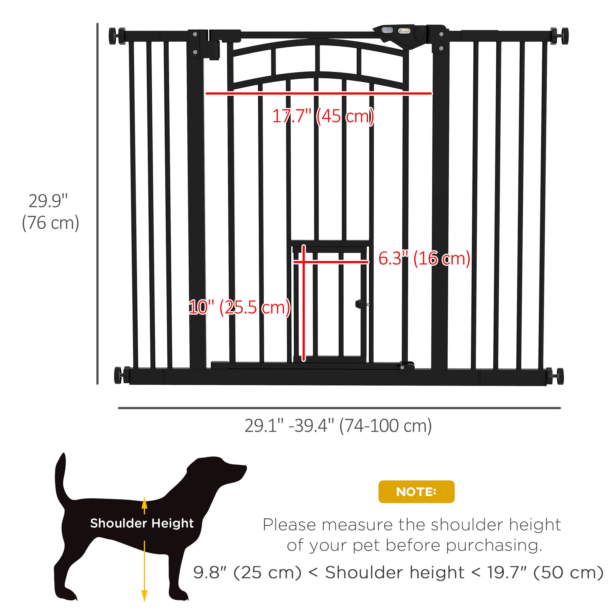 30"H Tall Dog Gate, Pet Gate with Cat Door, Auto-Close Pressure-Mounted Steel Safety Gate Barrier, Double Locking for Doorways Hallways Stairs, Fits 29"-39.4"W, Black