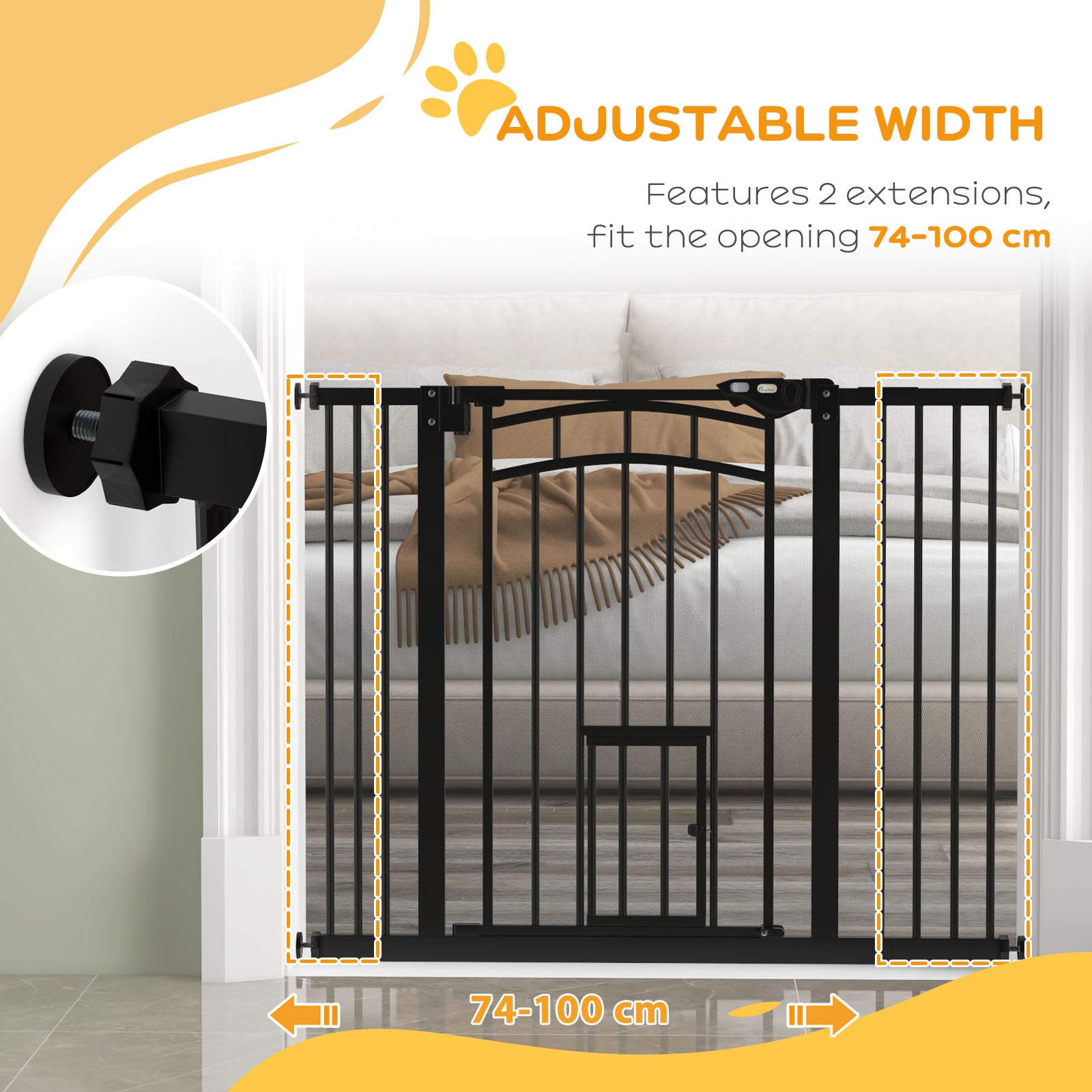 30"H Tall Dog Gate, Pet Gate with Cat Door, Auto-Close Pressure-Mounted Steel Safety Gate Barrier, Double Locking for Doorways Hallways Stairs, Fits 29"-39.4"W, Black