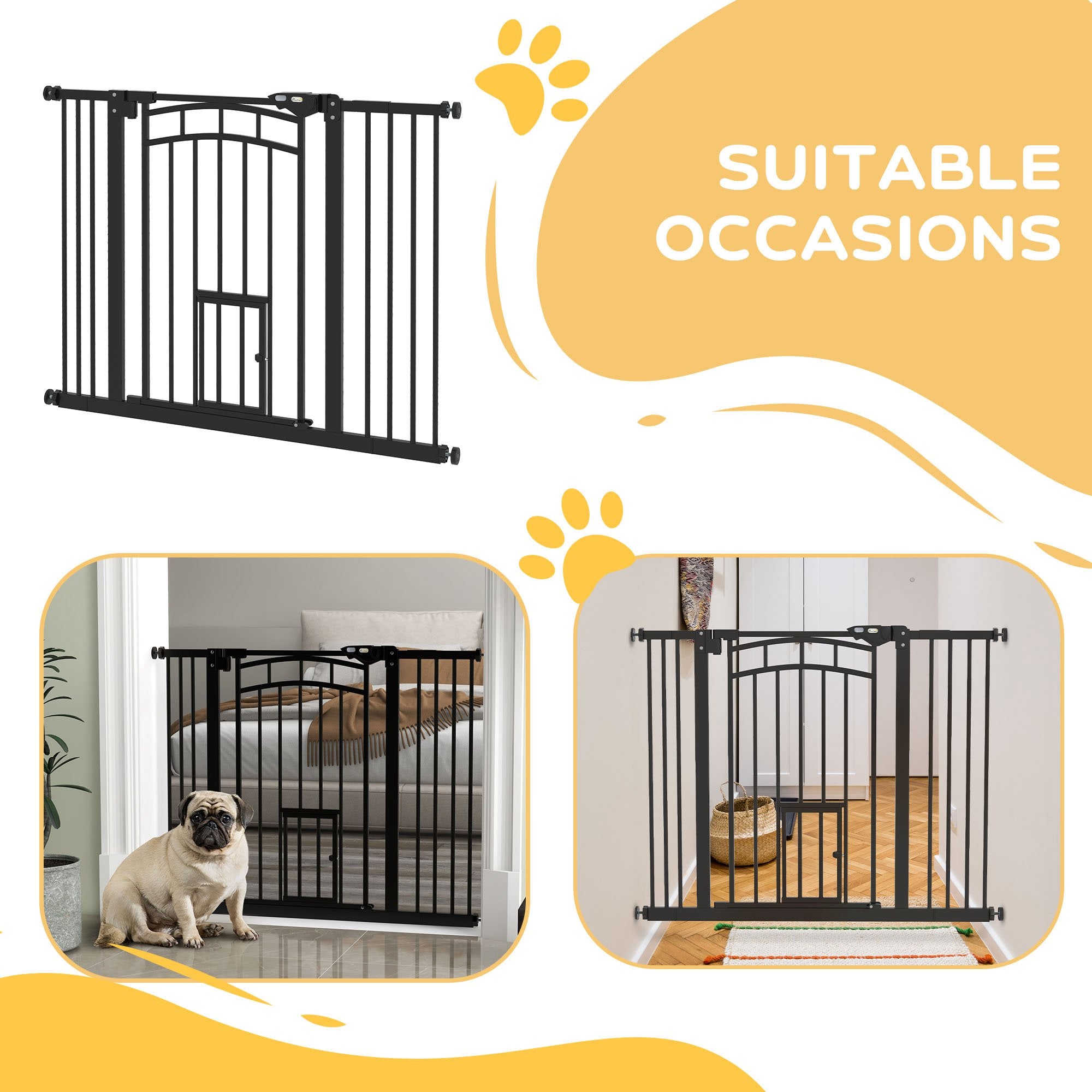 30"H Tall Dog Gate, Pet Gate with Cat Door, Auto-Close Pressure-Mounted Steel Safety Gate Barrier, Double Locking for Doorways Hallways Stairs, Fits 29"-39.4"W, Black