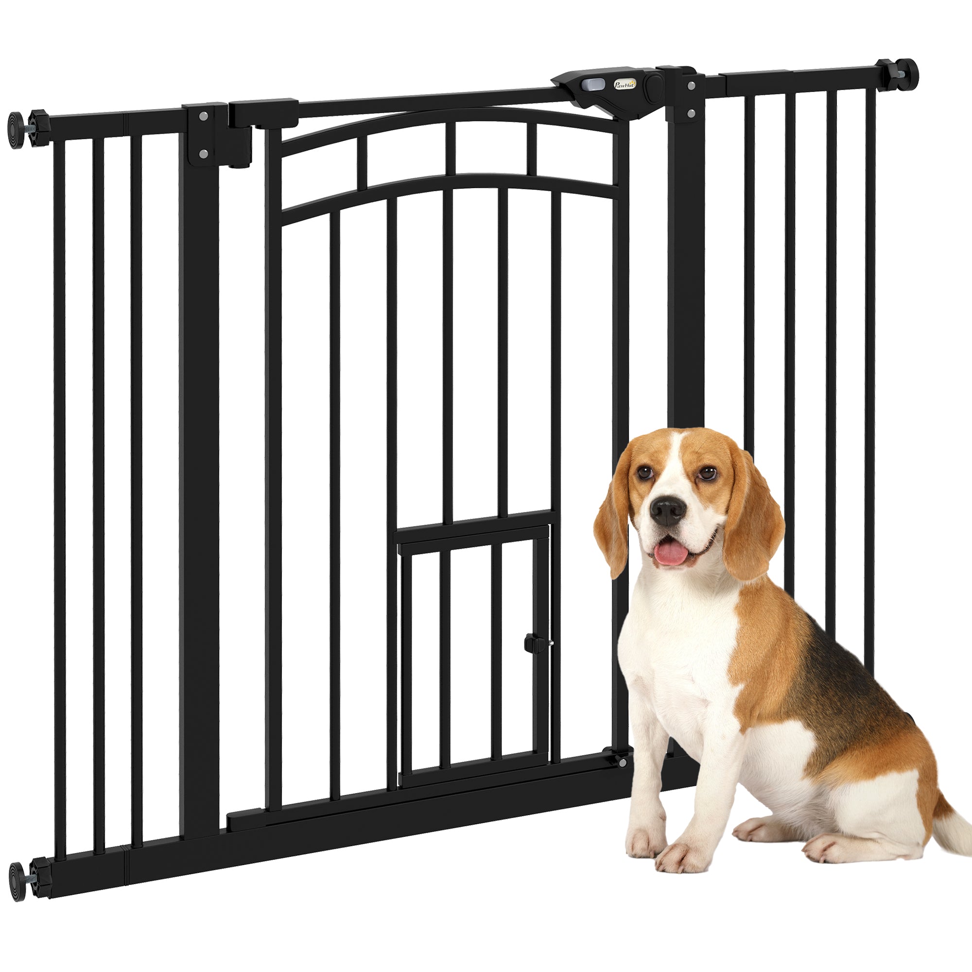 30"H Tall Dog Gate, Pet Gate with Cat Door, Auto-Close Pressure-Mounted Steel Safety Gate Barrier, Double Locking for Doorways Hallways Stairs, Fits 29"-39.4"W, Black