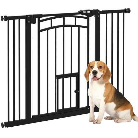 30"H Tall Dog Gate, Pet Gate with Cat Door, Auto-Close Pressure-Mounted Steel Safety Gate Barrier, Double Locking for Doorways Hallways Stairs, Fits 29"-39.4"W, Black