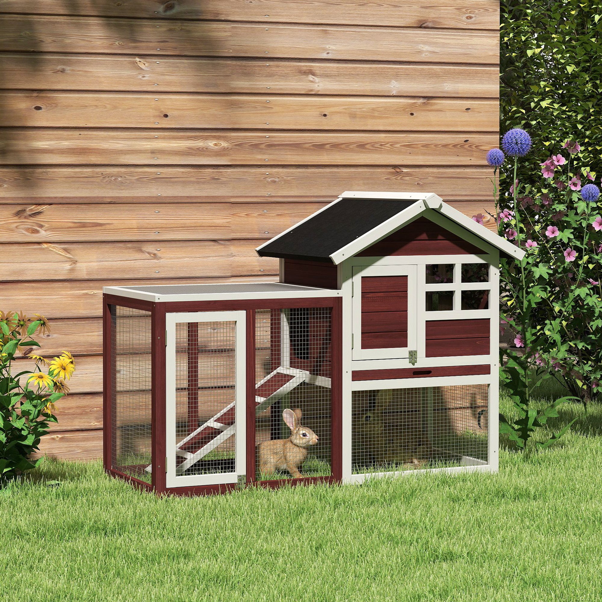 48" Weatherproof Wooden Rabbit Hutch With Slant Roof And Screened Outdoor Run, Brown