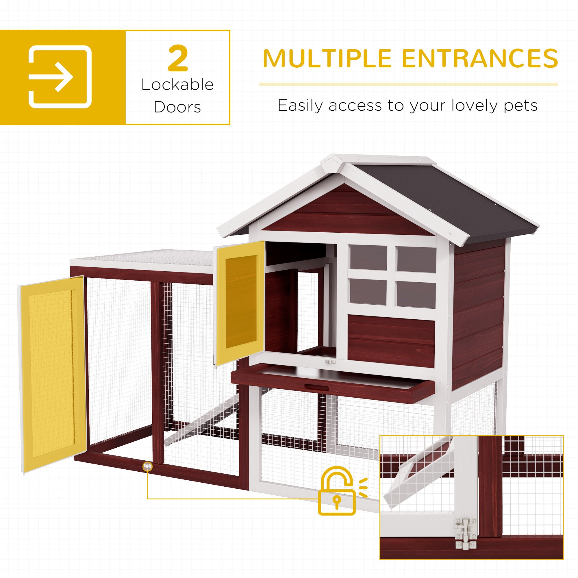 48" Weatherproof Wooden Rabbit Hutch With Slant Roof And Screened Outdoor Run, Brown