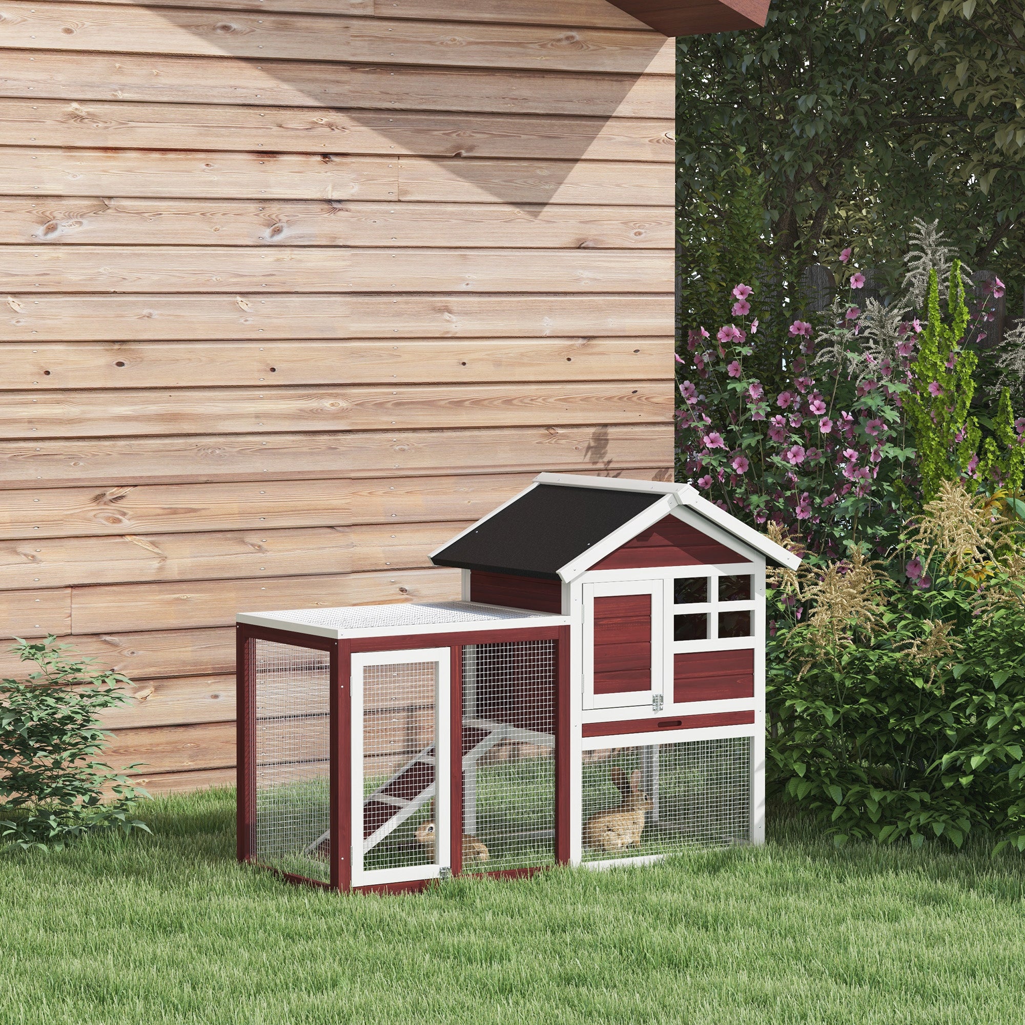 Rabbit Hutch Outdoor Wooden Guinea Pig Hutch Rabbit Run Bunny Cage Small Animal House Pull-Out Tray, Brown, 122 x 62.6 x 92 cm