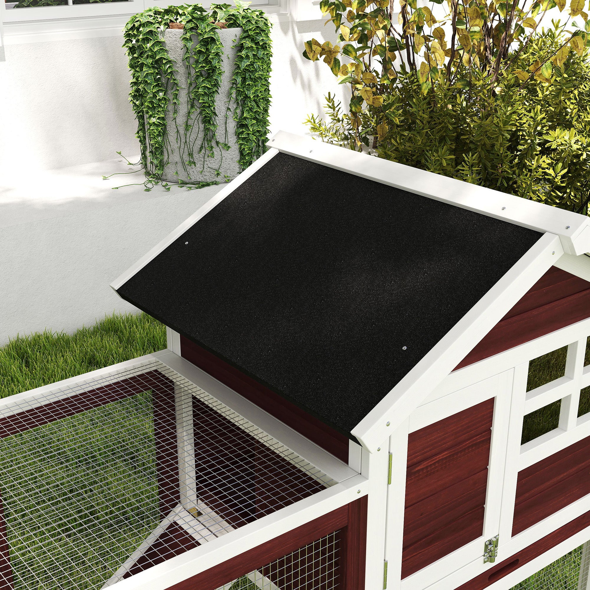 48" Weatherproof Wooden Rabbit Hutch With Slant Roof And Screened Outdoor Run, Brown