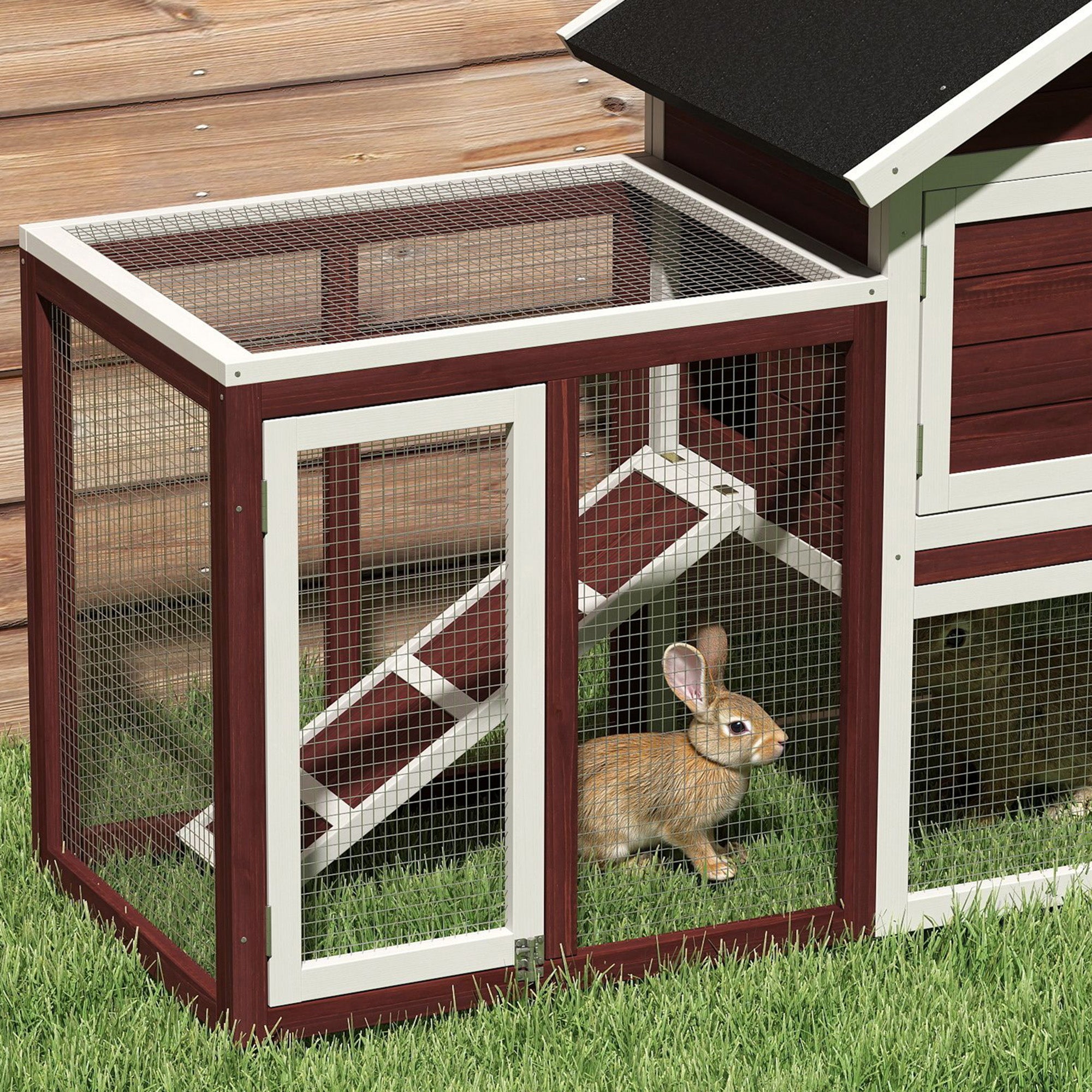 48" Weatherproof Wooden Rabbit Hutch With Slant Roof And Screened Outdoor Run, Brown