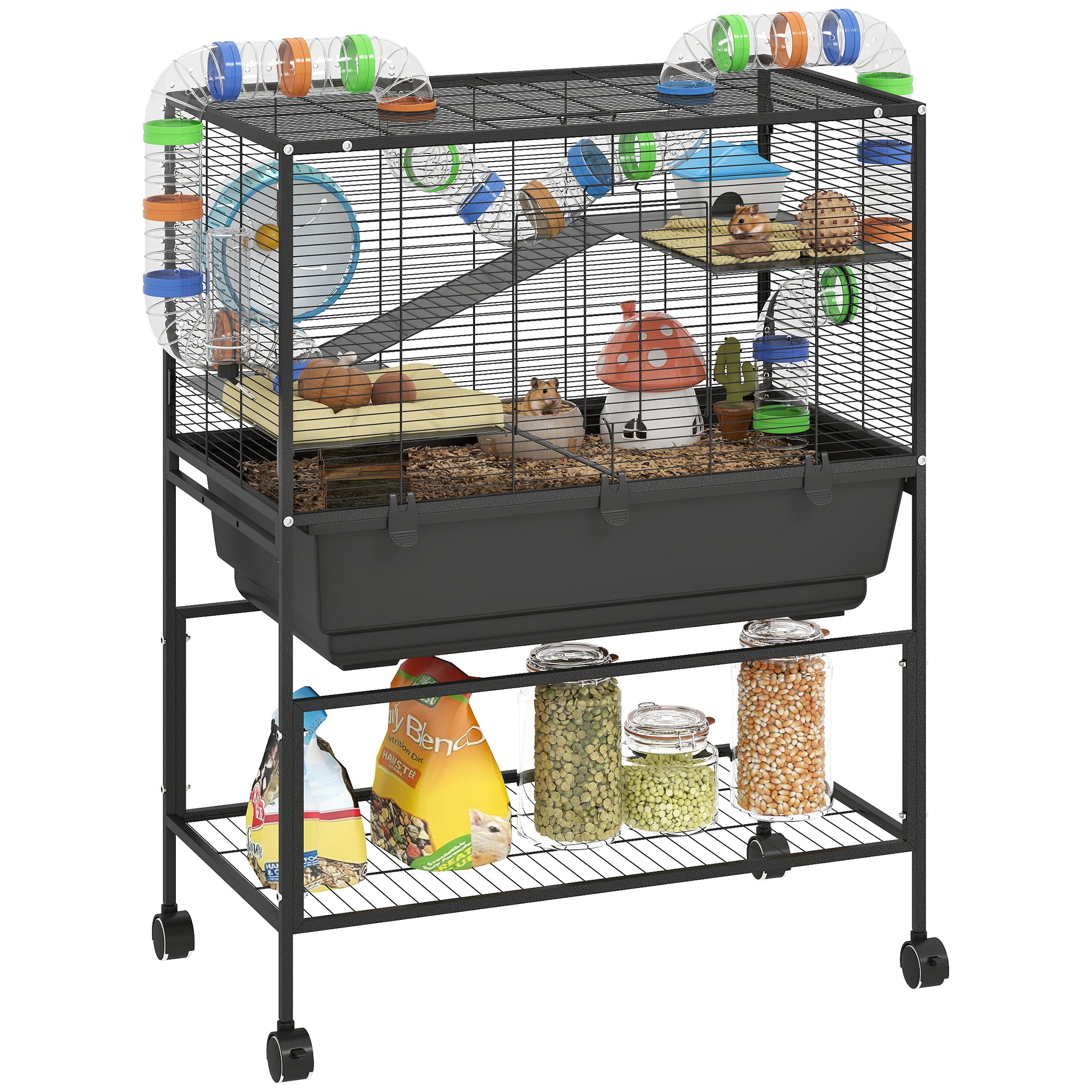 Hamster Cage with Deep Tray, 3 Tier Rolling Rat Cage with Storage Shelf, Big Exercise Wheel, Tube System, Hut, Platforms, Ramps, Food Dish, Water Bottle, for Syrian, Gerbil, Mouse
