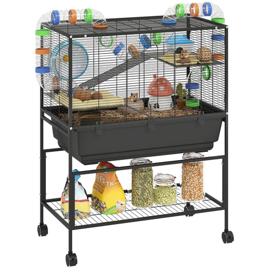 Hamster Cage with Deep Tray, 3 Tier Rolling Rat Cage with Storage Shelf, Big Exercise Wheel, Tube System, Hut, Platforms, Ramps, Food Dish, Water Bottle, for Syrian, Gerbil, Mouse