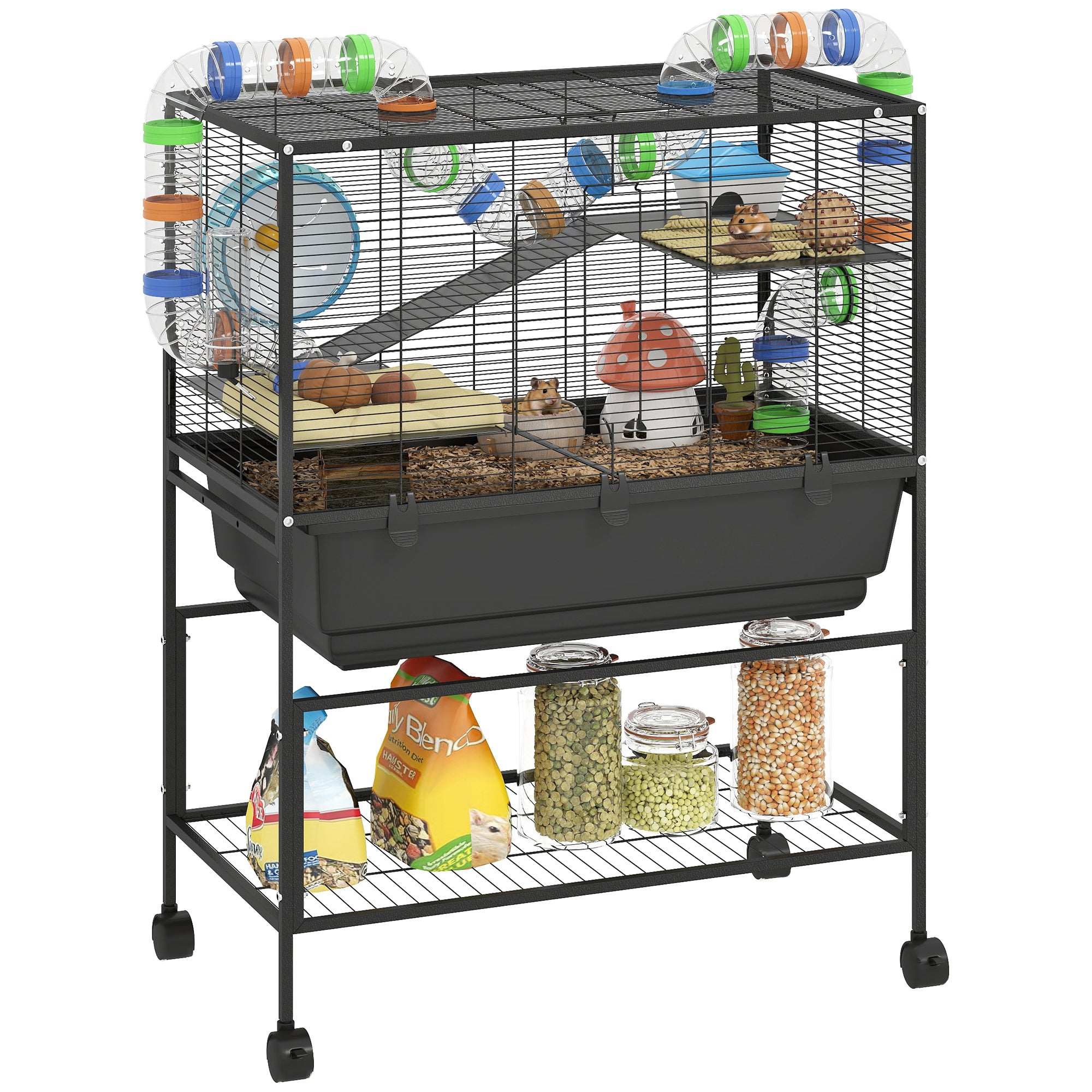 Large Hamster Cage with 7" Deep Tray, 3 Tier Rolling Gerbil Cage with Storage Shelf, Big Exercise Wheel, Tube System, Hut, Platforms, Ramps, for Syrian, Gerbil, Rat