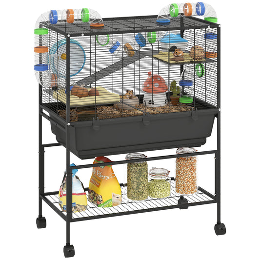 Large Hamster Cage with 7" Deep Tray, 3 Tier Rolling Gerbil Cage with Storage Shelf, Big Exercise Wheel, Tube System, Hut, Platforms, Ramps, for Syrian, Gerbil, Rat