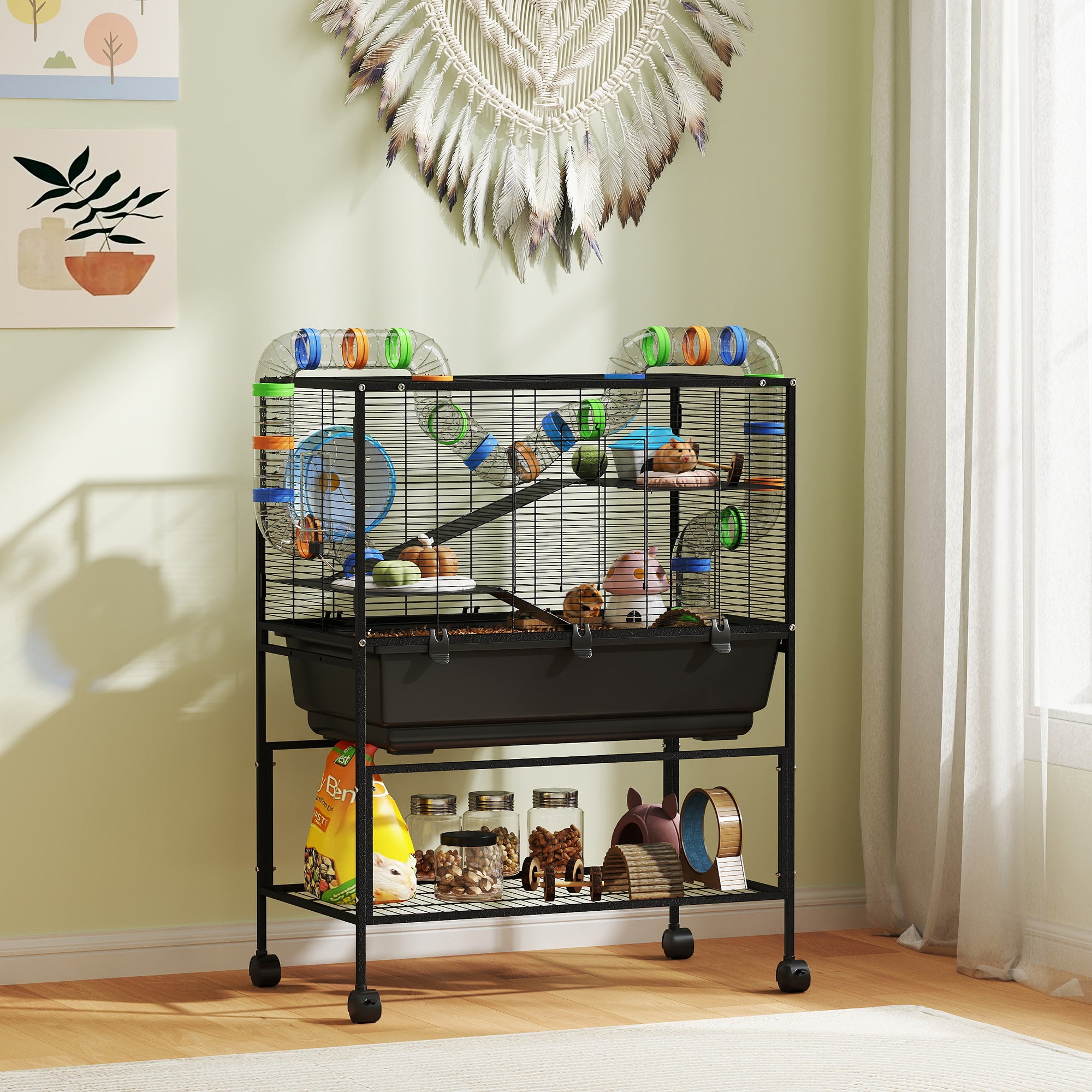 Large Hamster Cage with 7" Deep Tray, 3 Tier Rolling Gerbil Cage with Storage Shelf, Big Exercise Wheel, Tube System, Hut, Platforms, Ramps, for Syrian, Gerbil, Rat