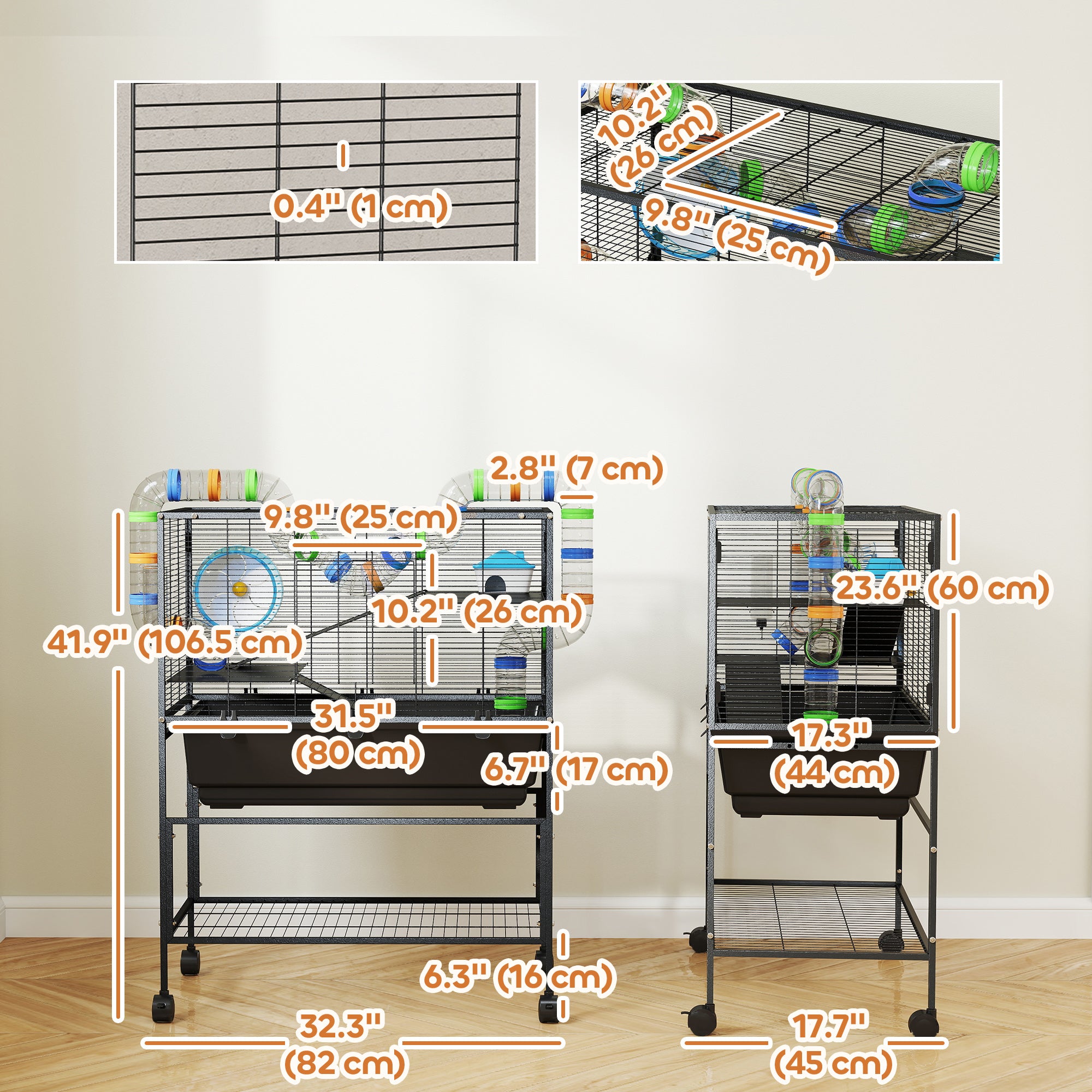 Large Hamster Cage with 7" Deep Tray, 3 Tier Rolling Gerbil Cage with Storage Shelf, Big Exercise Wheel, Tube System, Hut, Platforms, Ramps, for Syrian, Gerbil, Rat
