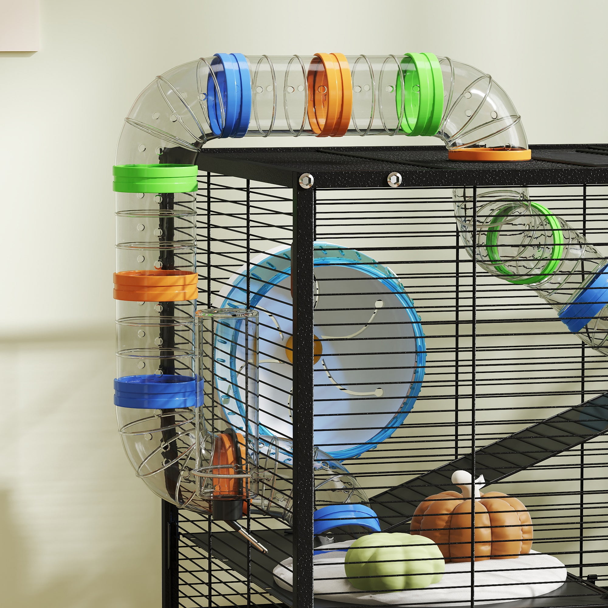 Large Hamster Cage with 7" Deep Tray, 3 Tier Rolling Gerbil Cage with Storage Shelf, Big Exercise Wheel, Tube System, Hut, Platforms, Ramps, for Syrian, Gerbil, Rat