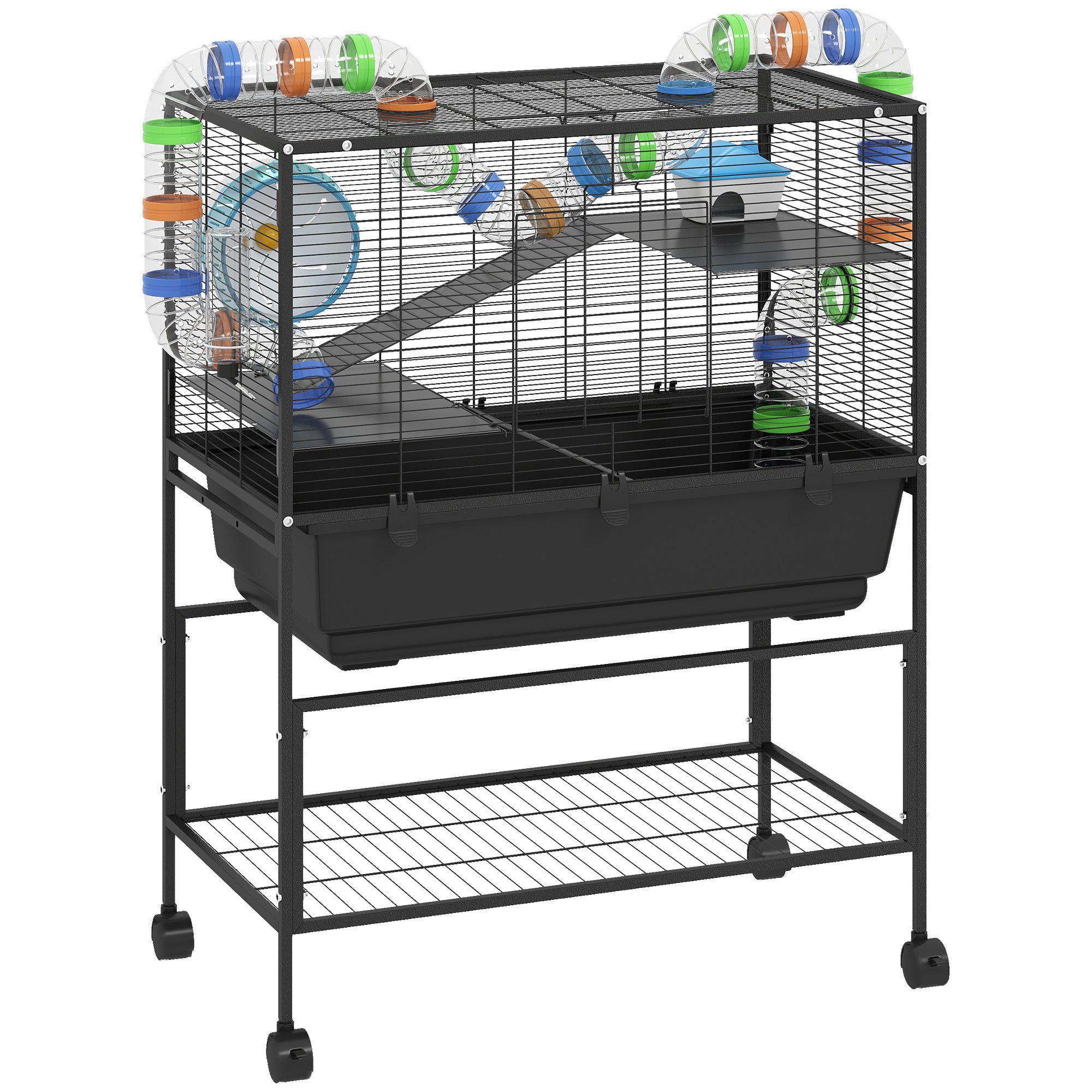 Large Hamster Cage with 7" Deep Tray, 3 Tier Rolling Gerbil Cage with Storage Shelf, Big Exercise Wheel, Tube System, Hut, Platforms, Ramps, for Syrian, Gerbil, Rat