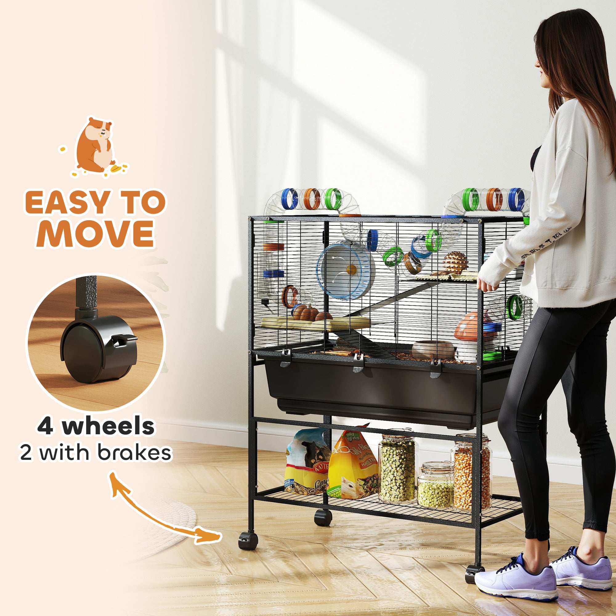 Large Hamster Cage with 7" Deep Tray, 3 Tier Rolling Gerbil Cage with Storage Shelf, Big Exercise Wheel, Tube System, Hut, Platforms, Ramps, for Syrian, Gerbil, Rat