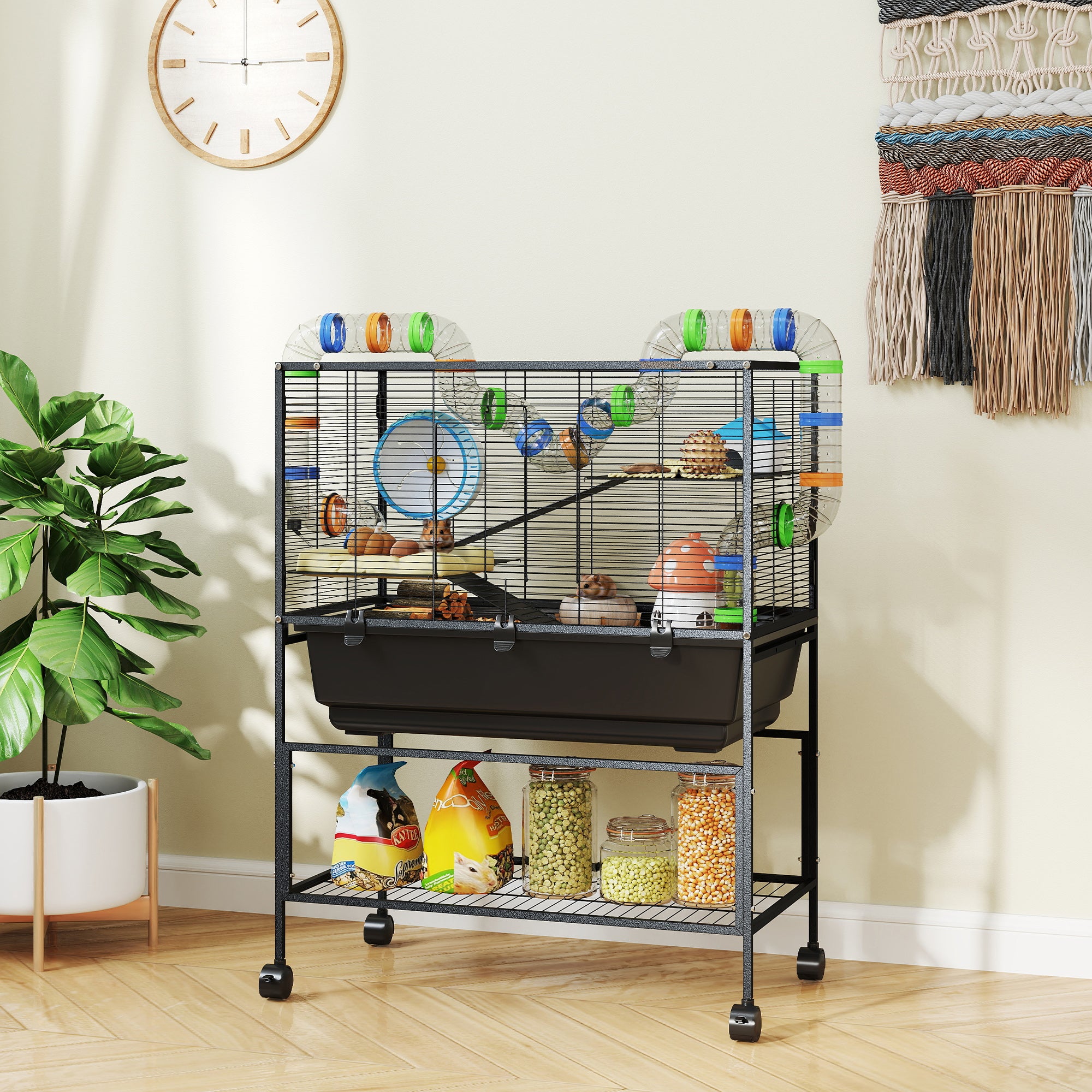 Large Hamster Cage with 7" Deep Tray, 3 Tier Rolling Gerbil Cage with Storage Shelf, Big Exercise Wheel, Tube System, Hut, Platforms, Ramps, for Syrian, Gerbil, Rat