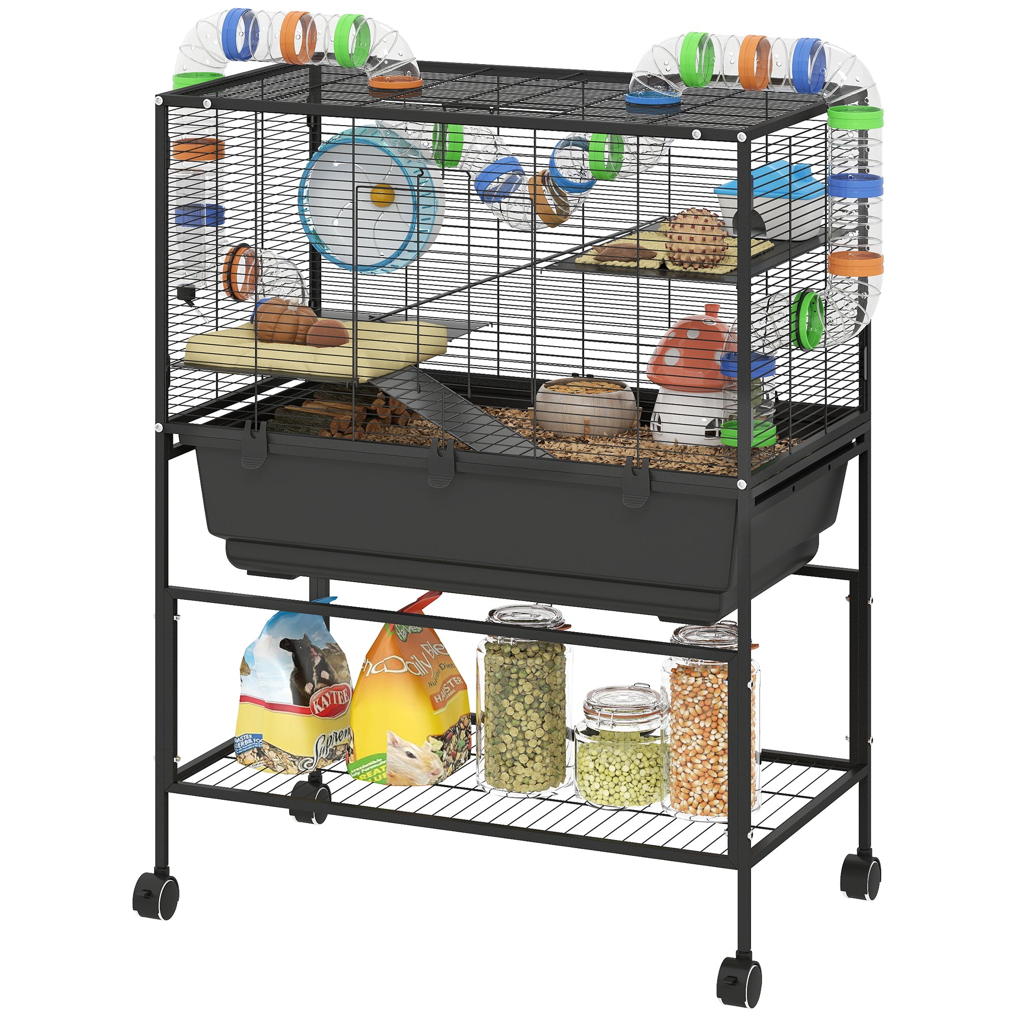 Hamster Cage with Deep Tray, 3 Tier Rolling Rat Cage with Storage Shelf, Big Exercise Wheel, Tube System, Hut, Platforms, Ramps, Food Dish, Water Bottle, for Syrian, Gerbil, Mouse