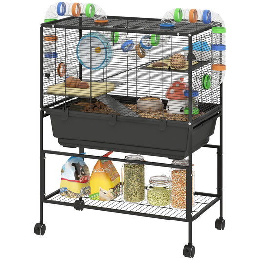 Hamster Cage with Deep Tray, 3 Tier Rolling Rat Cage with Storage Shelf, Big Exercise Wheel, Tube System, Hut, Platforms, Ramps, Food Dish, Water Bottle, for Syrian, Gerbil, Mouse