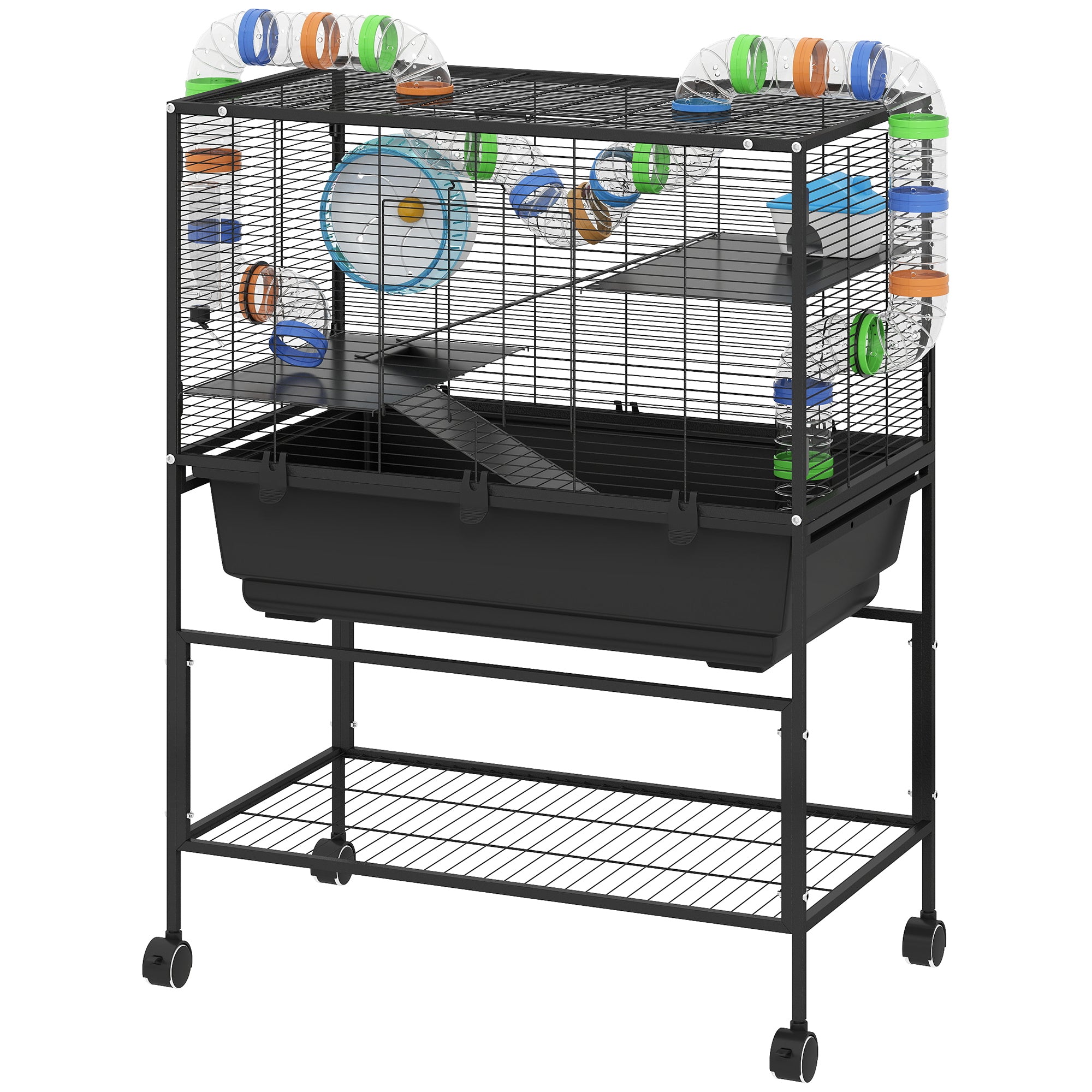 Large Hamster Cage with 7" Deep Tray, 3 Tier Rolling Gerbil Cage with Storage Shelf, Big Exercise Wheel, Tube System, Hut, Platforms, Ramps, for Syrian, Gerbil, Rat