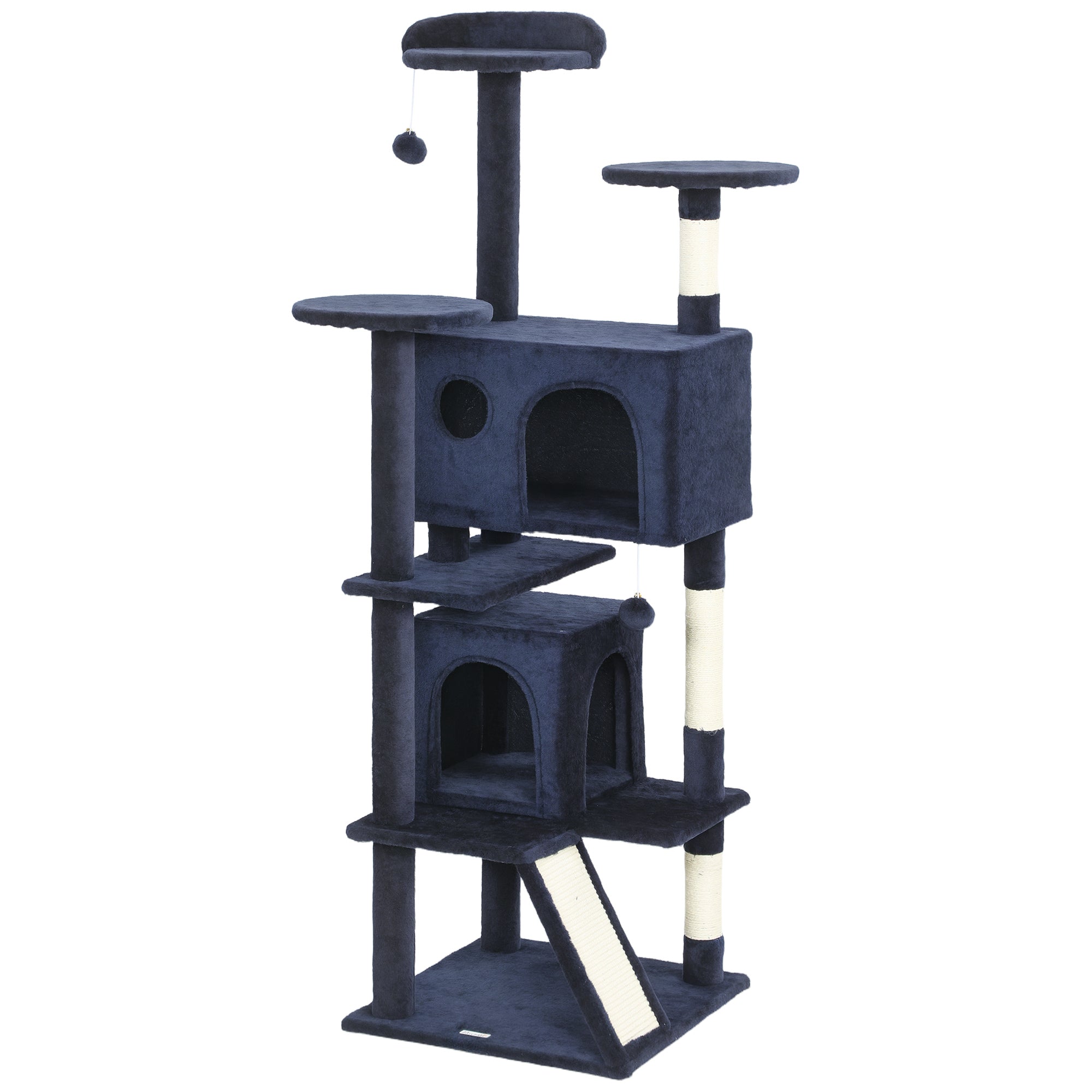 63" Cat Tree, Cat Tower for Indoor Cats with Scratching Posts, Cat Condos, Bed, Platforms, Ramp, Toy Ball, Cat Activity Center, Dark Blue