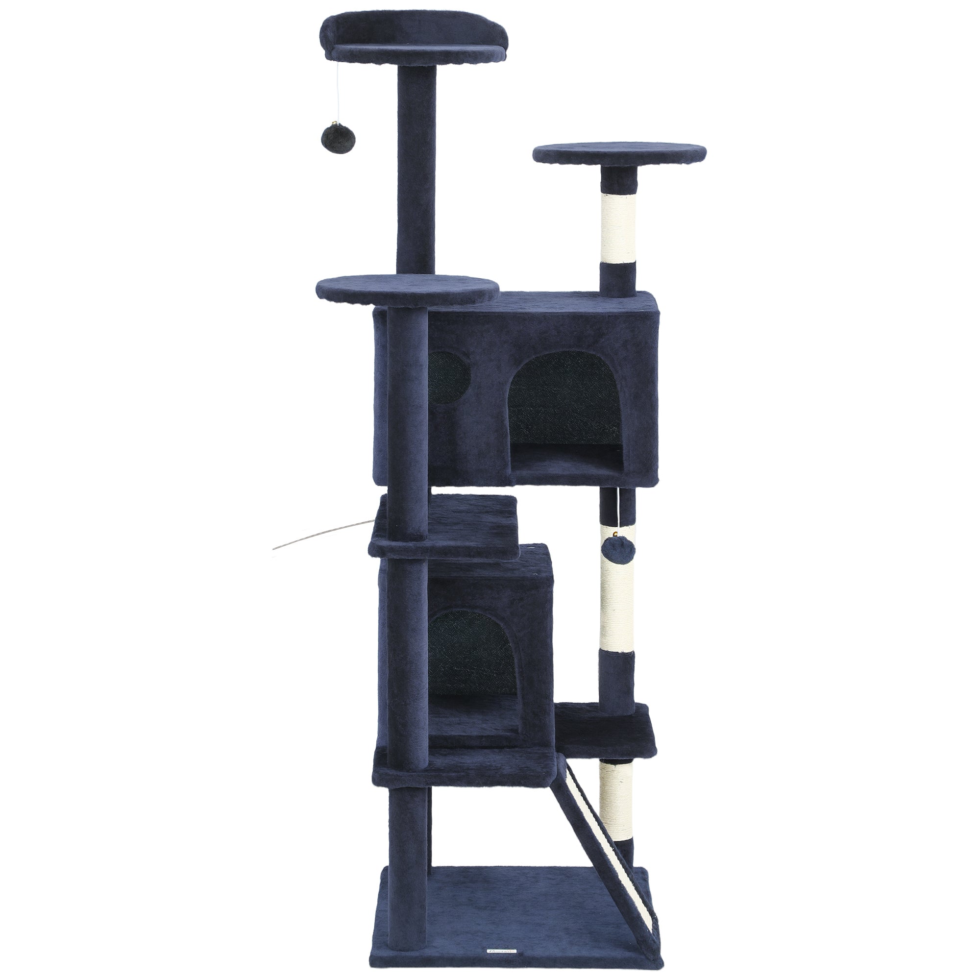 63" Cat Tree, Cat Tower for Indoor Cats with Scratching Posts, Cat Condos, Bed, Platforms, Ramp, Toy Ball, Cat Activity Center, Dark Blue