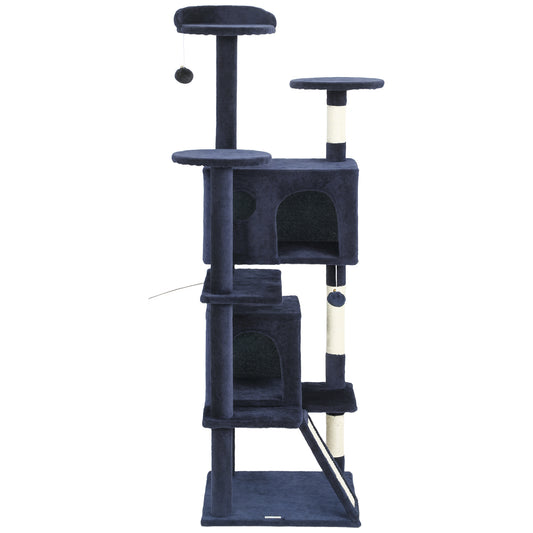 63" Cat Tree, Cat Tower for Indoor Cats with Scratching Posts, Cat Condos, Bed, Platforms, Ramp, Toy Ball, Cat Activity Center, Dark Blue