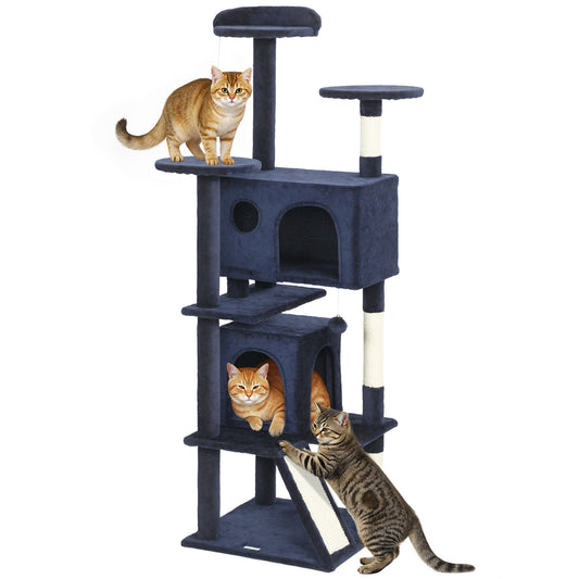 63" Cat Tree, Cat Tower for Indoor Cats with Scratching Posts, Cat Condos, Bed, Platforms, Ramp, Toy Ball, Cat Activity Center, Dark Blue