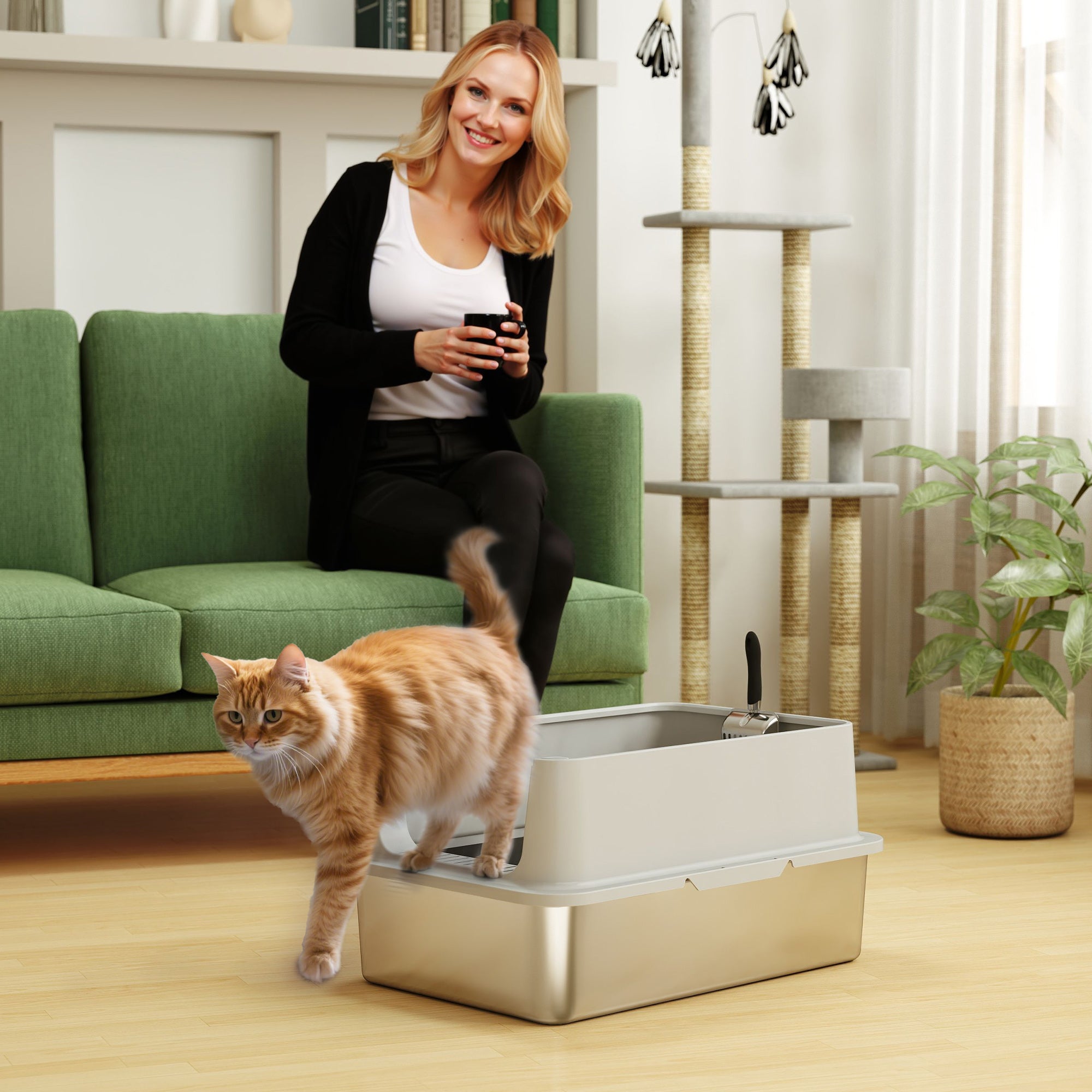 Stainless Steel Cat Litter Box, XL Kitty Litter Box for Big and Multiple Cats with High Wall Side, Scoop, Anti-Leakage, Easy Cleaning & Odor Free