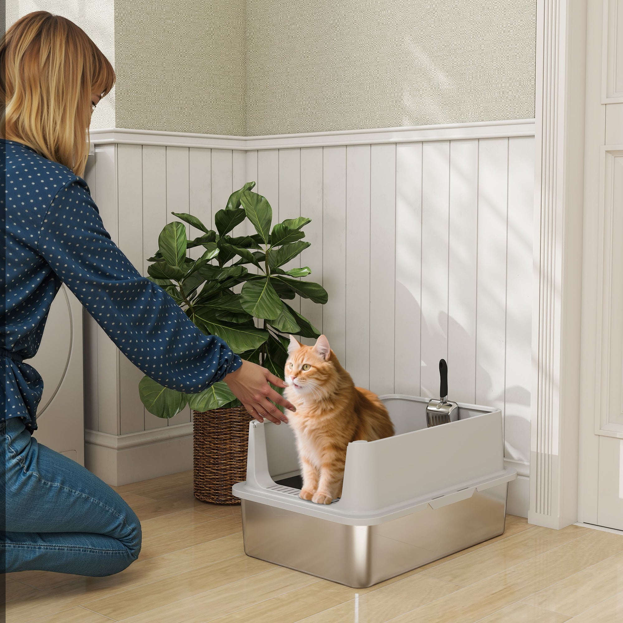 Image showcasing PawHut XL Stainless Steel Cat Litter Box with Scoop & Front Step Grey