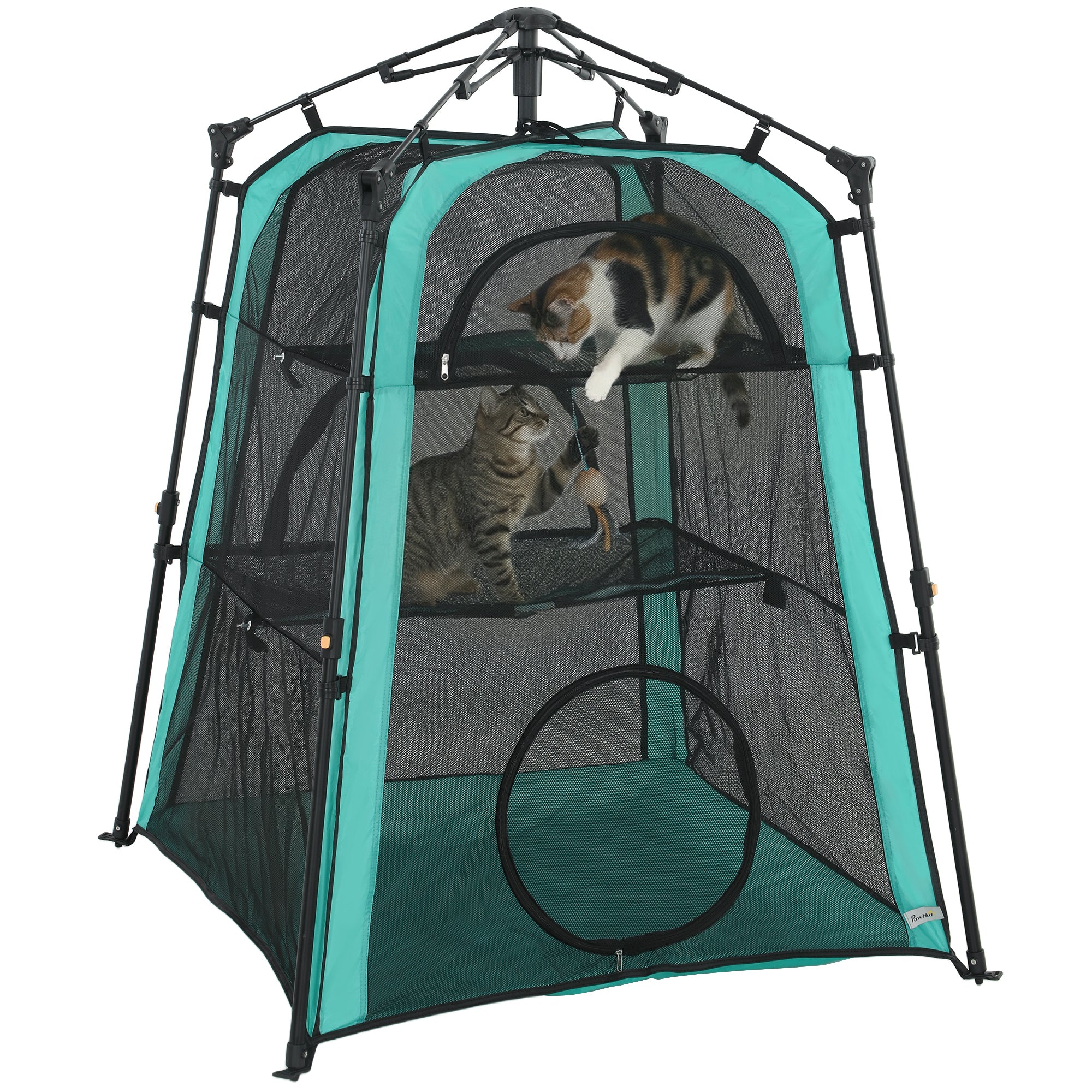 Cat Tent, 3-Tier Portable Pet Tent for Indoor Outdoor, Cat House with Multi-Door, Carry Bag, Breathable Mesh for Security & Ventilation, Sun Protection, Green