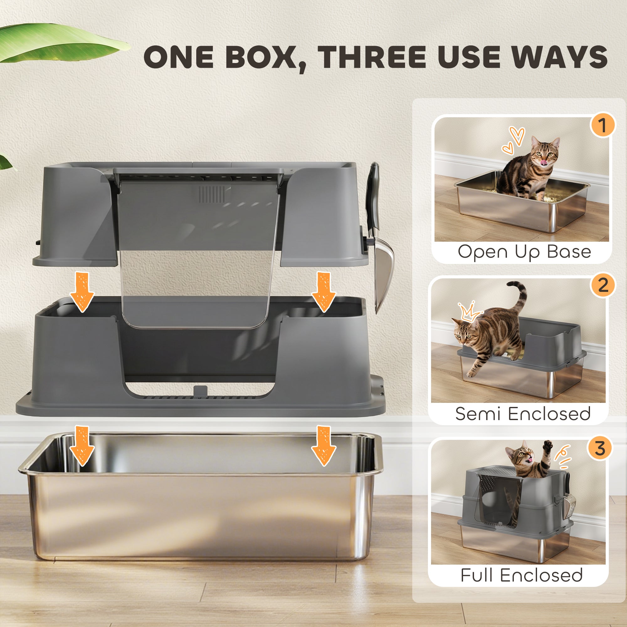 XL Stainless Steel Litter Box with Lid, Extra Large Top & Side Entry Enclosed Litter Box for Big Cats with 100° Flip Top, Scoop, Odor Free, Easy Cleaning, Non-Sticky, Anti Leakage, Dark Gray