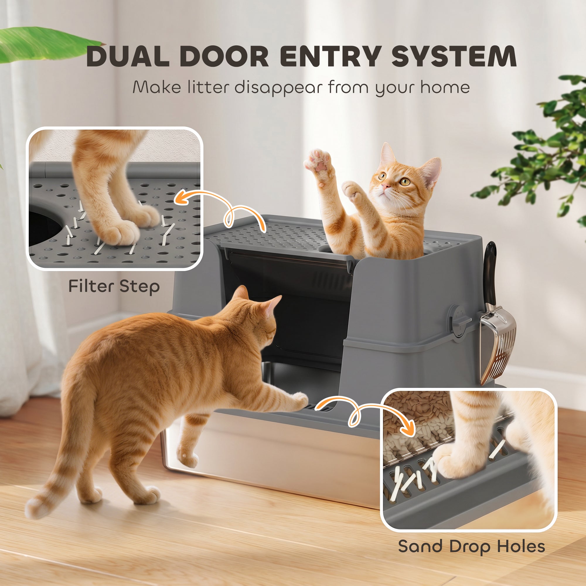 XL Stainless Steel Litter Box with Lid, Extra Large Top & Side Entry Enclosed Litter Box for Big Cats with 100° Flip Top, Scoop, Odor Free, Easy Cleaning, Non-Sticky, Anti Leakage, Dark Gray
