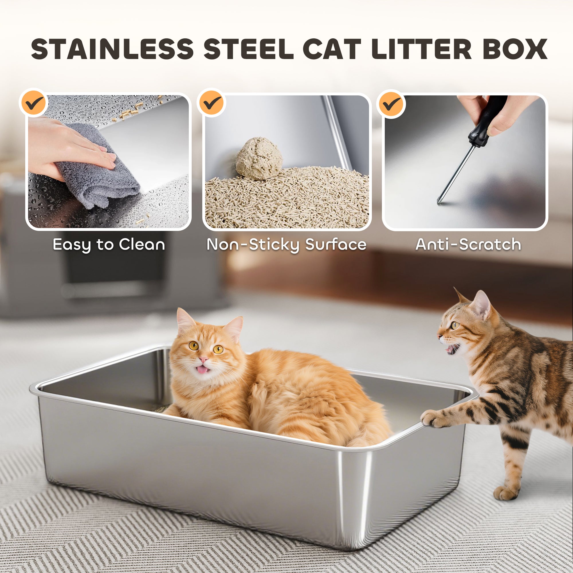XL Stainless Steel Litter Box with Lid, Extra Large Top & Side Entry Enclosed Litter Box for Big Cats with 100° Flip Top, Scoop, Odor Free, Easy Cleaning, Non-Sticky, Anti Leakage, Dark Gray