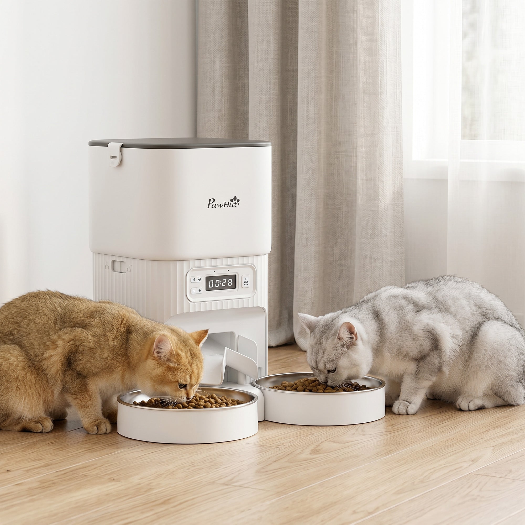 Automatic Cat Feeder with 2 Stainless Steel Bowls, 4L Pet Food Dispenser with Portion Control for 1–6 Meals Daily, Anti-Clogging Design, Dual Power Supply