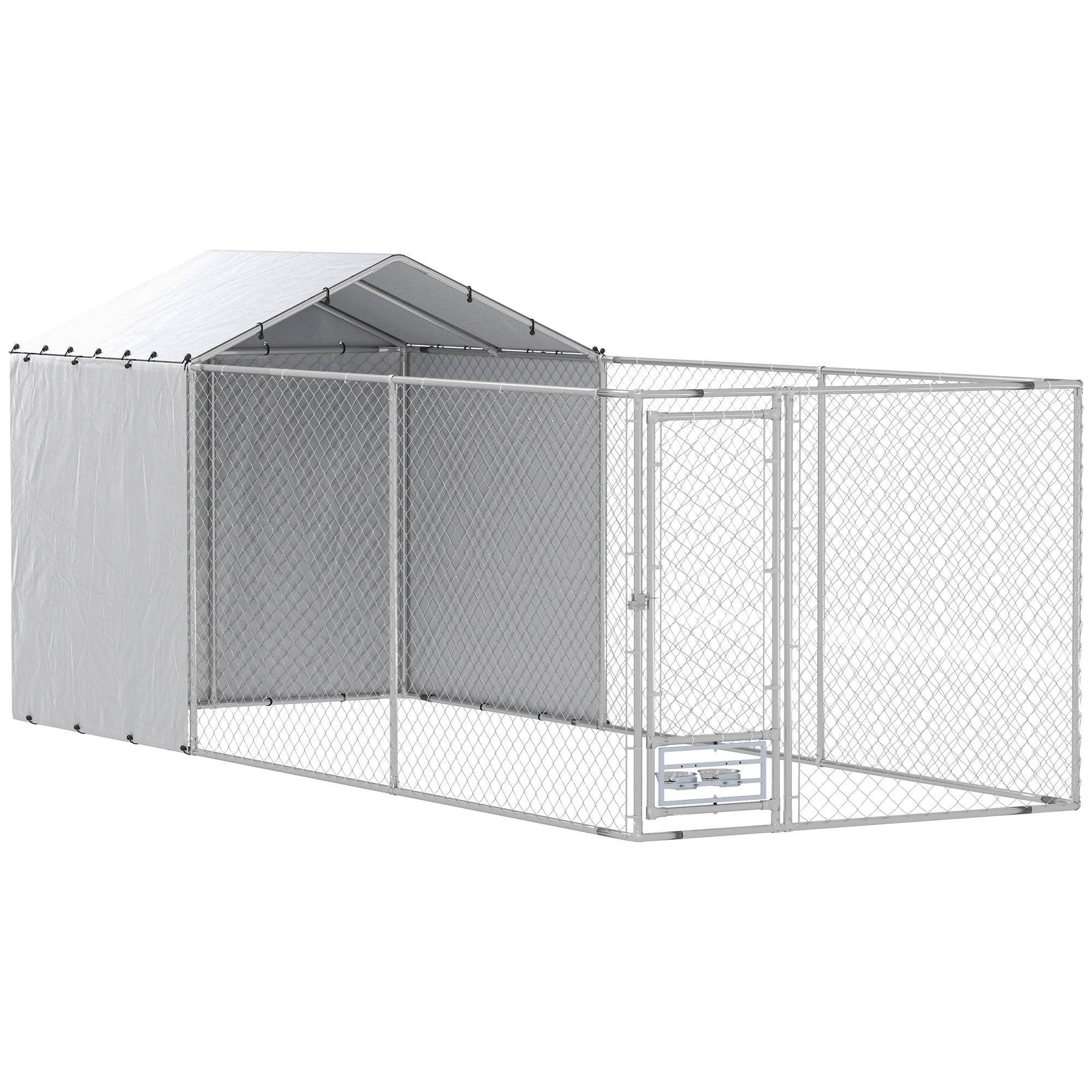 PawHut Large Outdoor Dog Kennel, Heavy Duty Dog Kennel Outside with Waterproof & UV-Resistant Cover, Rotating Bowls Door, Galvanized Chain Link Dog Run for Medium & Large Dogs, 19.7' x 7.5' x 7.5'