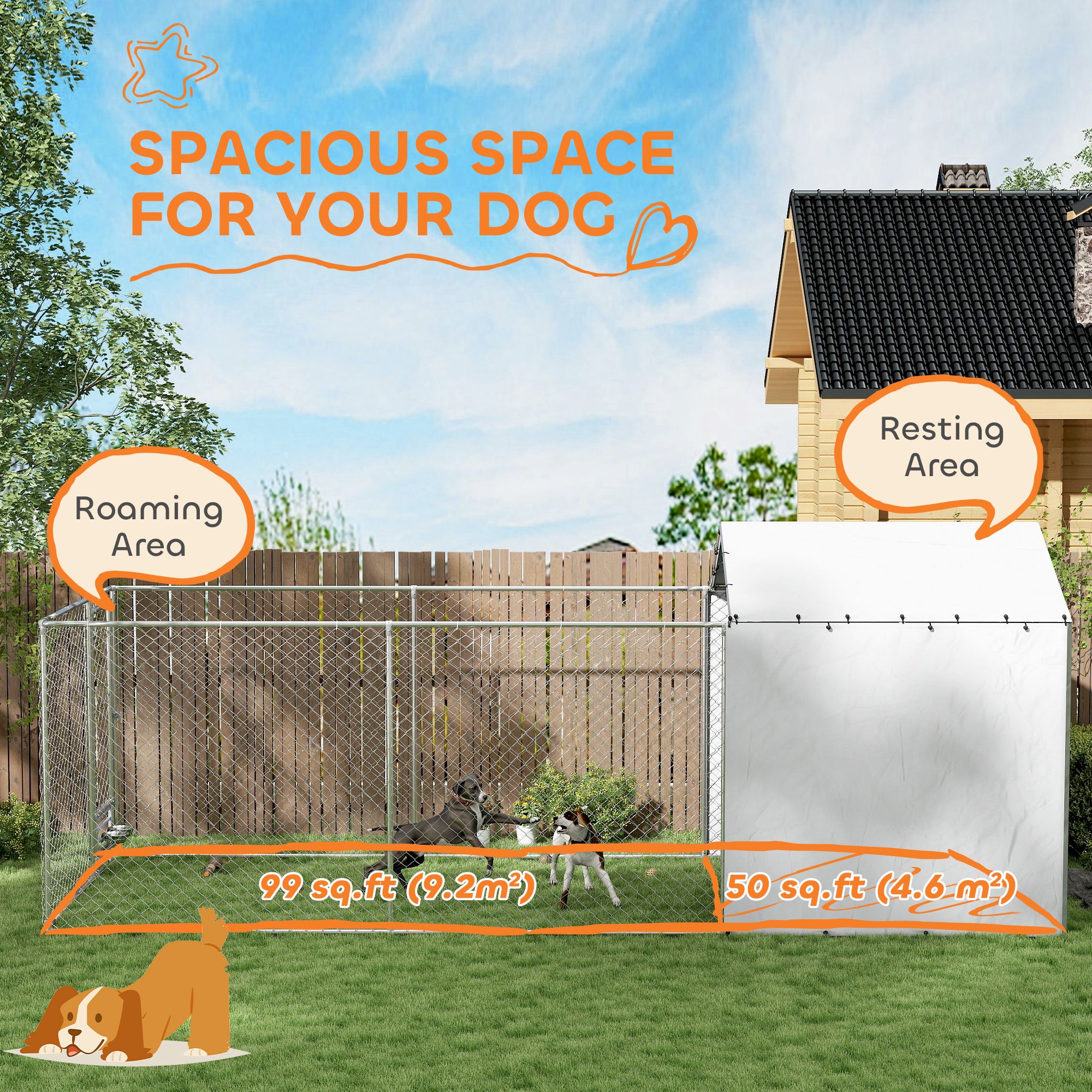 PawHut Large Outdoor Dog Kennel, Heavy Duty Dog Kennel Outside with Waterproof & UV-Resistant Cover, Rotating Bowls Door, Galvanized Chain Link Dog Run for Medium & Large Dogs, 19.7' x 7.5' x 7.5'
