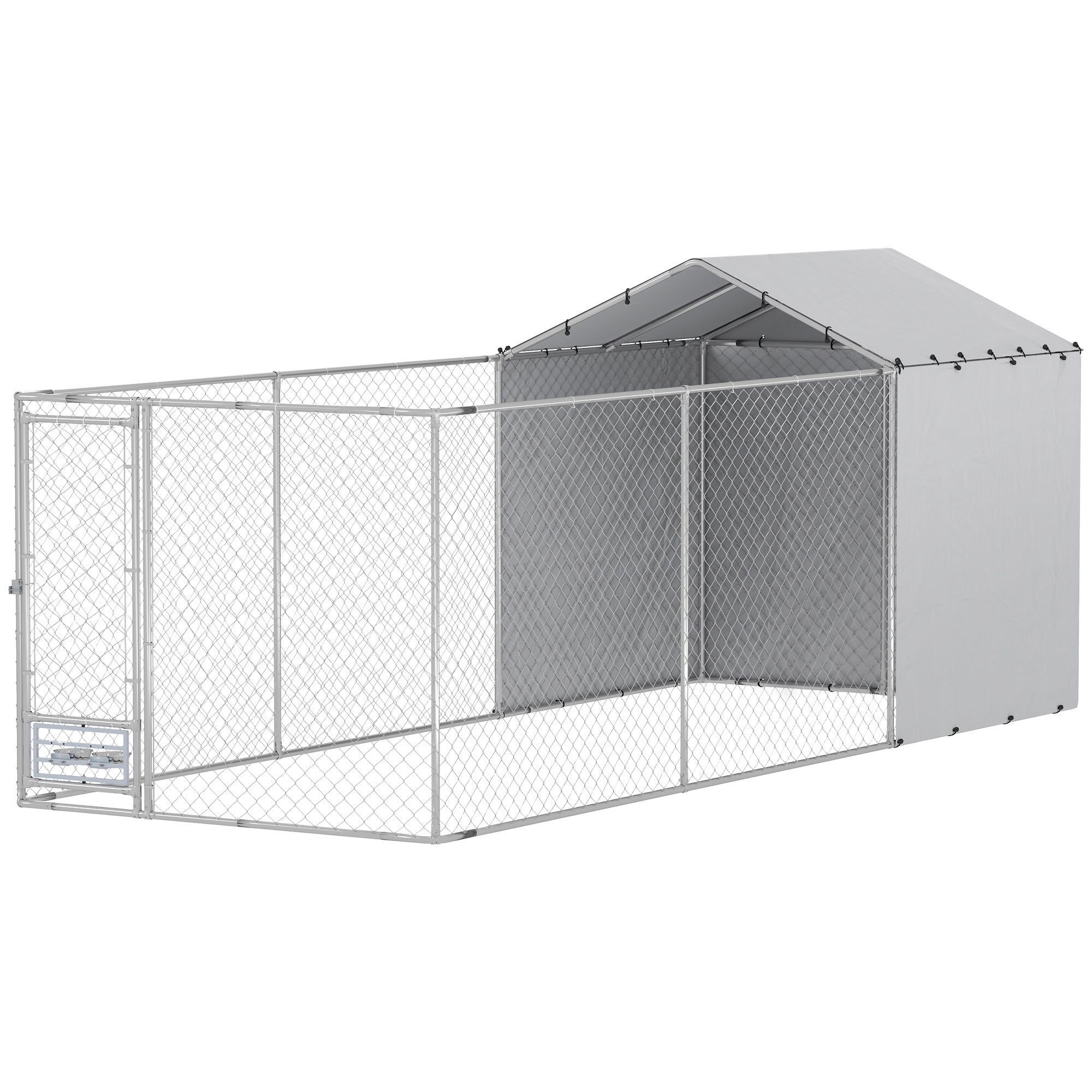 PawHut Large Outdoor Dog Kennel, Heavy Duty Dog Kennel Outside with Waterproof & UV-Resistant Cover, Rotating Bowls Door, Galvanized Chain Link Dog Run for Medium & Large Dogs, 19.7' x 7.5' x 7.5'