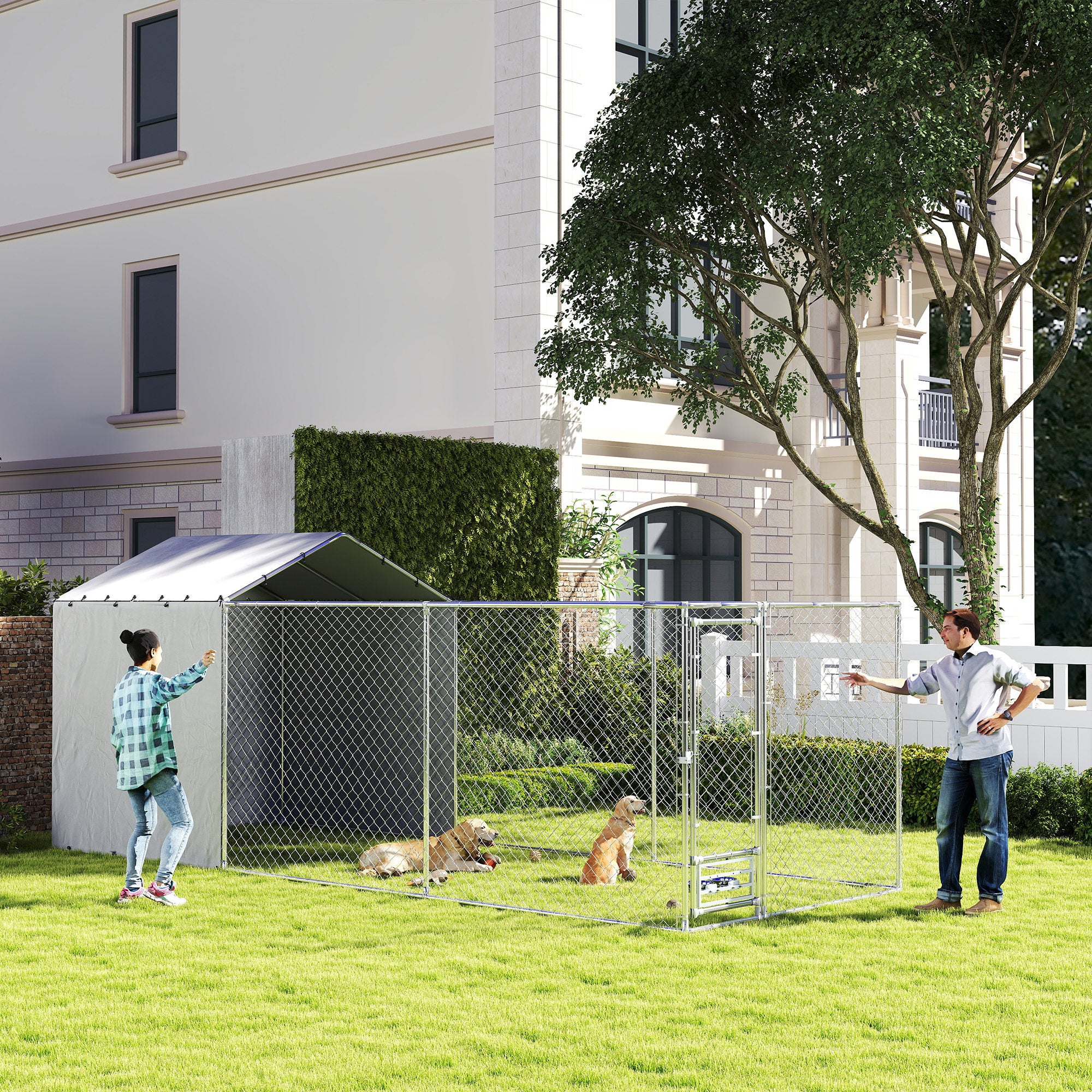 PawHut Large Outdoor Dog Kennel, Heavy Duty Dog Kennel Outside with Waterproof & UV-Resistant Cover, Rotating Bowls Door, Galvanized Chain Link Dog Run for Medium & Large Dogs, 19.7' x 7.5' x 7.5'
