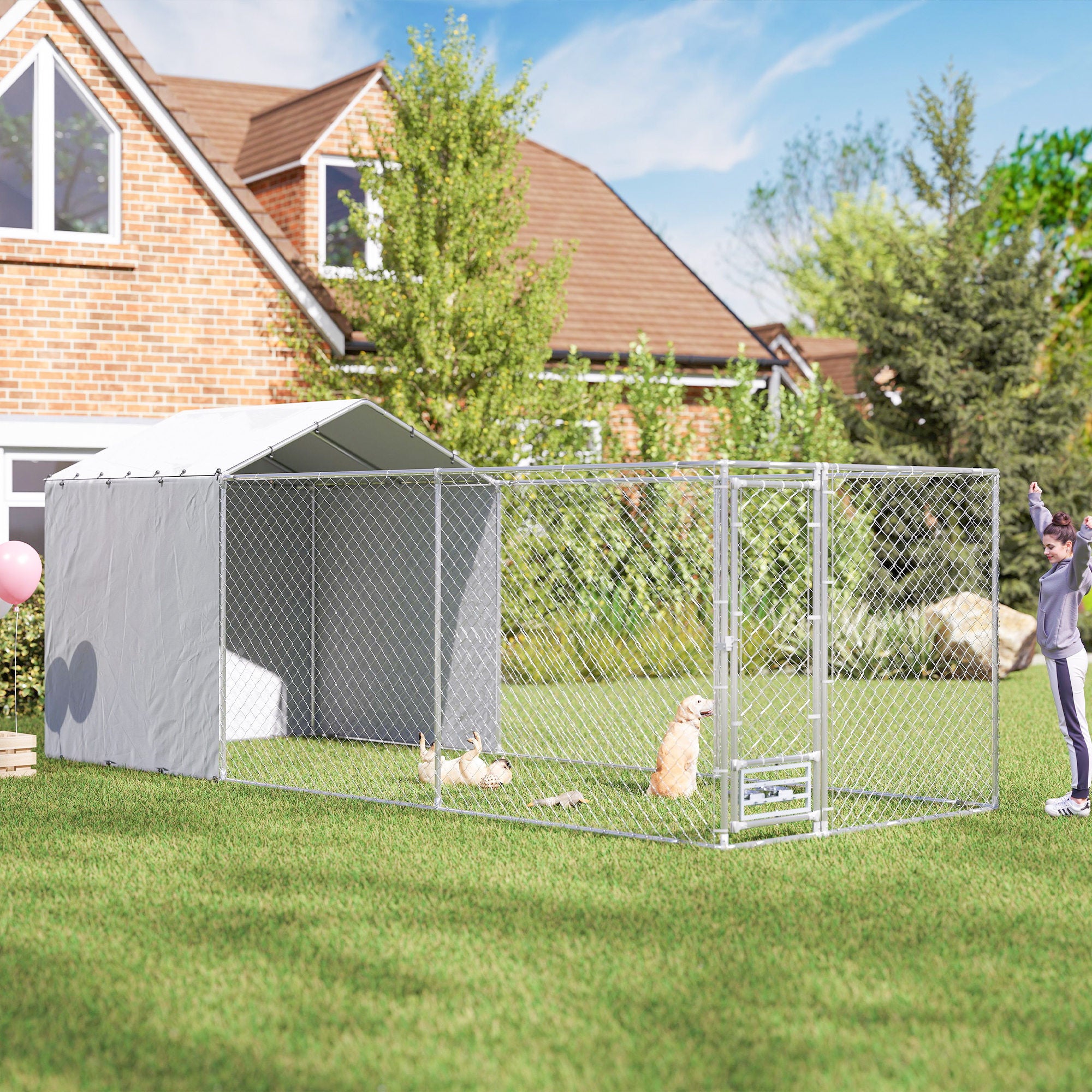 PawHut Large Outdoor Dog Kennel, Heavy Duty Dog Kennel Outside with Waterproof & UV-Resistant Cover, Rotating Bowls Door, Galvanized Chain Link Dog Run for Medium & Large Dogs, 19.7' x 7.5' x 7.5'