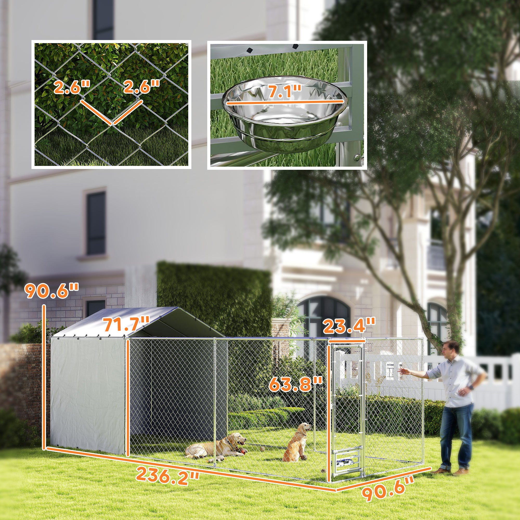 PawHut Large Outdoor Dog Kennel, Heavy Duty Dog Kennel Outside with Waterproof & UV-Resistant Cover, Rotating Bowls Door, Galvanized Chain Link Dog Run for Medium & Large Dogs, 19.7' x 7.5' x 7.5'