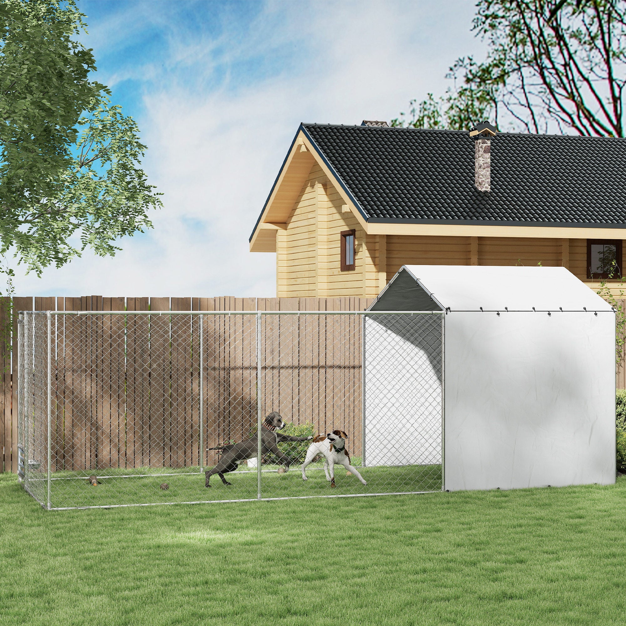 PawHut Large Outdoor Dog Kennel, Heavy Duty Dog Kennel Outside with Waterproof & UV-Resistant Cover, Rotating Bowls Door, Galvanized Chain Link Dog Run for Medium & Large Dogs, 19.7' x 7.5' x 7.5'