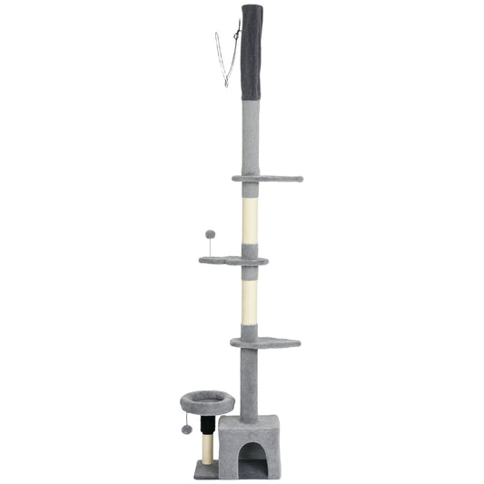 Floor to Ceiling Cat Tree, 4 Tiers Cat Tower, Adjustable Height 89-100", Tall Kitty Climbing Tower w/ Scratching Post, Condo, Bed, Perches, Dangling Ball for Indoor Kittens