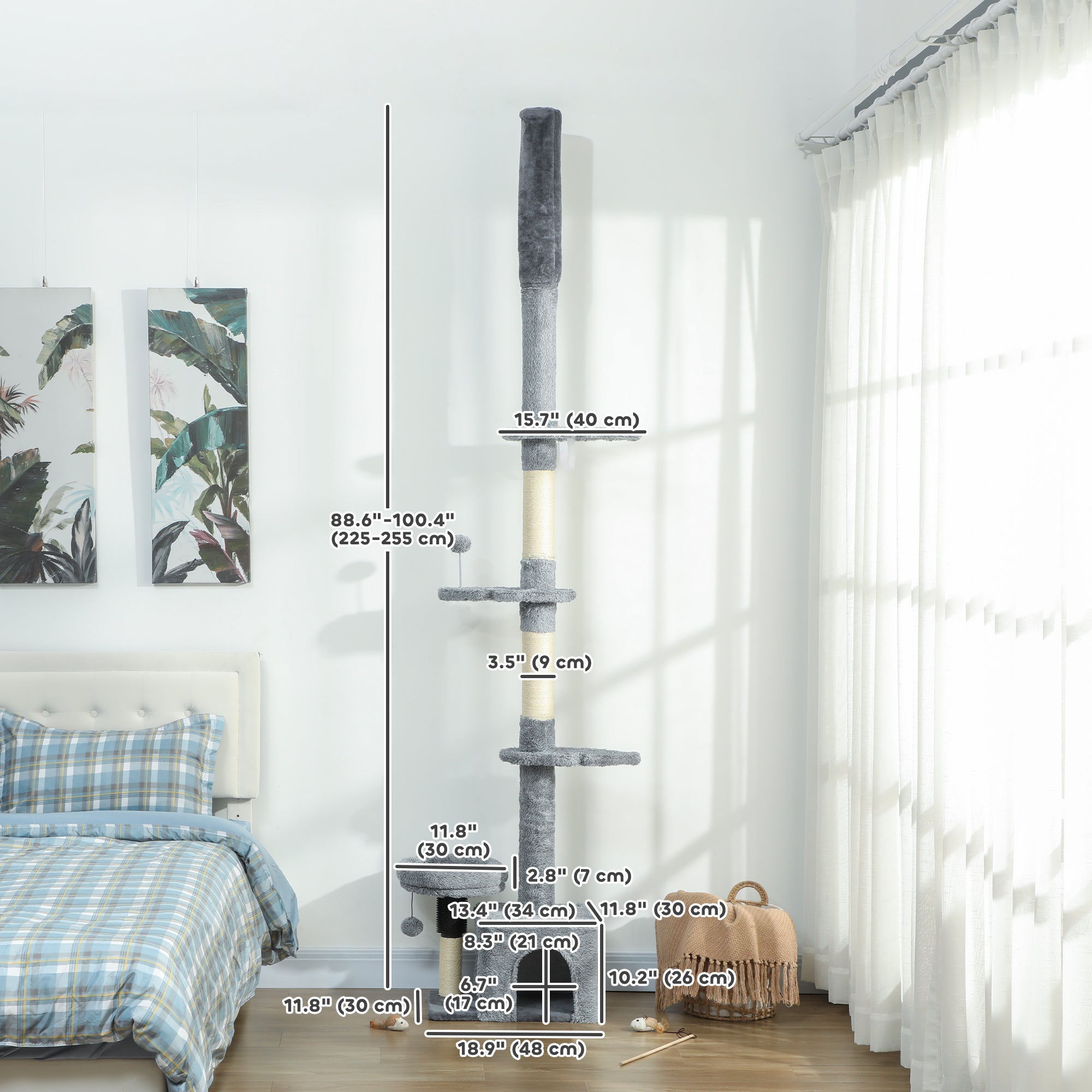 Floor to Ceiling Cat Tree, 4 Tiers Cat Tower, Adjustable Height 89-100", Tall Kitty Climbing Tower w/ Scratching Post, Condo, Bed, Perches, Dangling Ball for Indoor Kittens