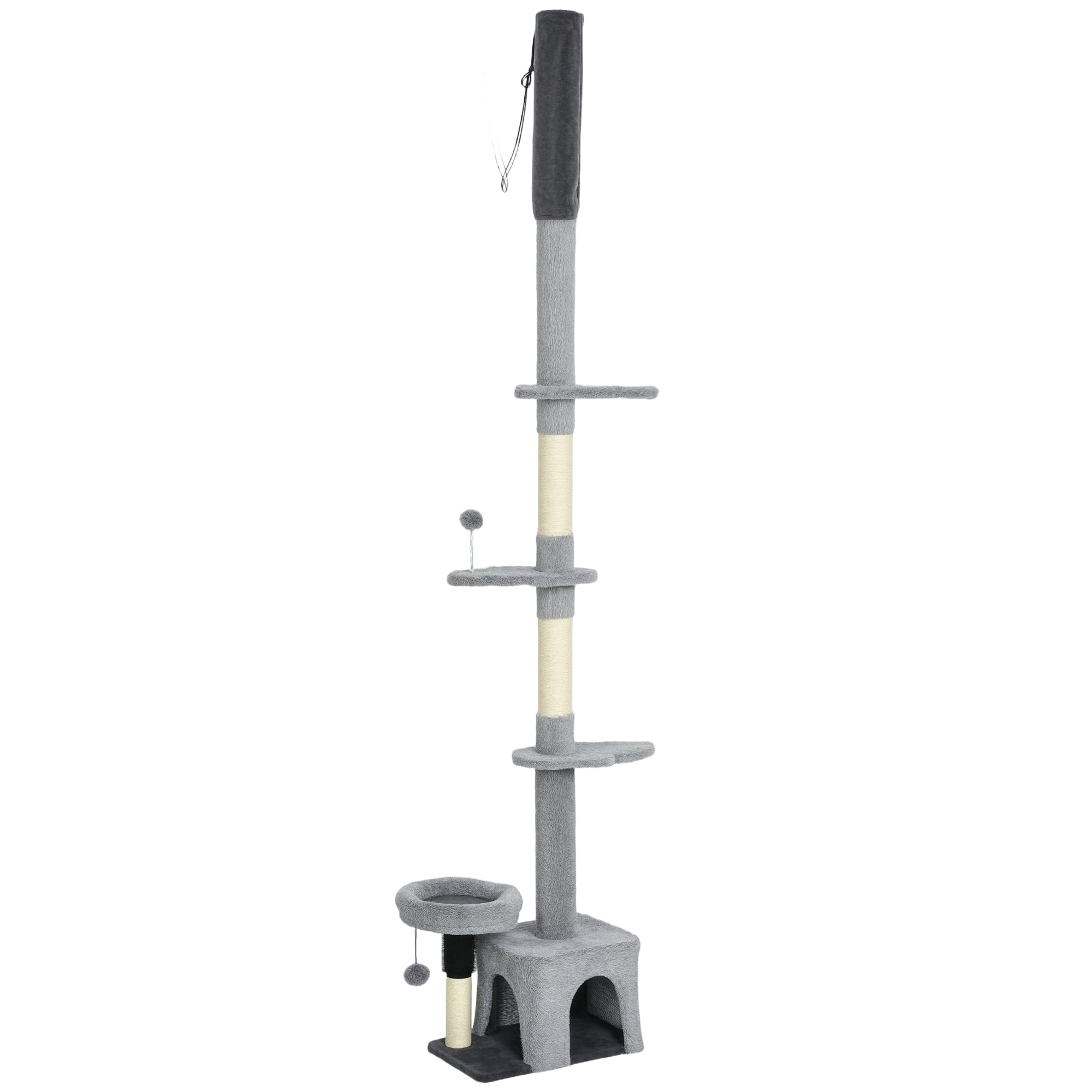 Floor to Ceiling Cat Tree, 4 Tiers Cat Tower, Adjustable Height 89-100", Tall Kitty Climbing Tower w/ Scratching Post, Condo, Bed, Perches, Dangling Ball for Indoor Kittens