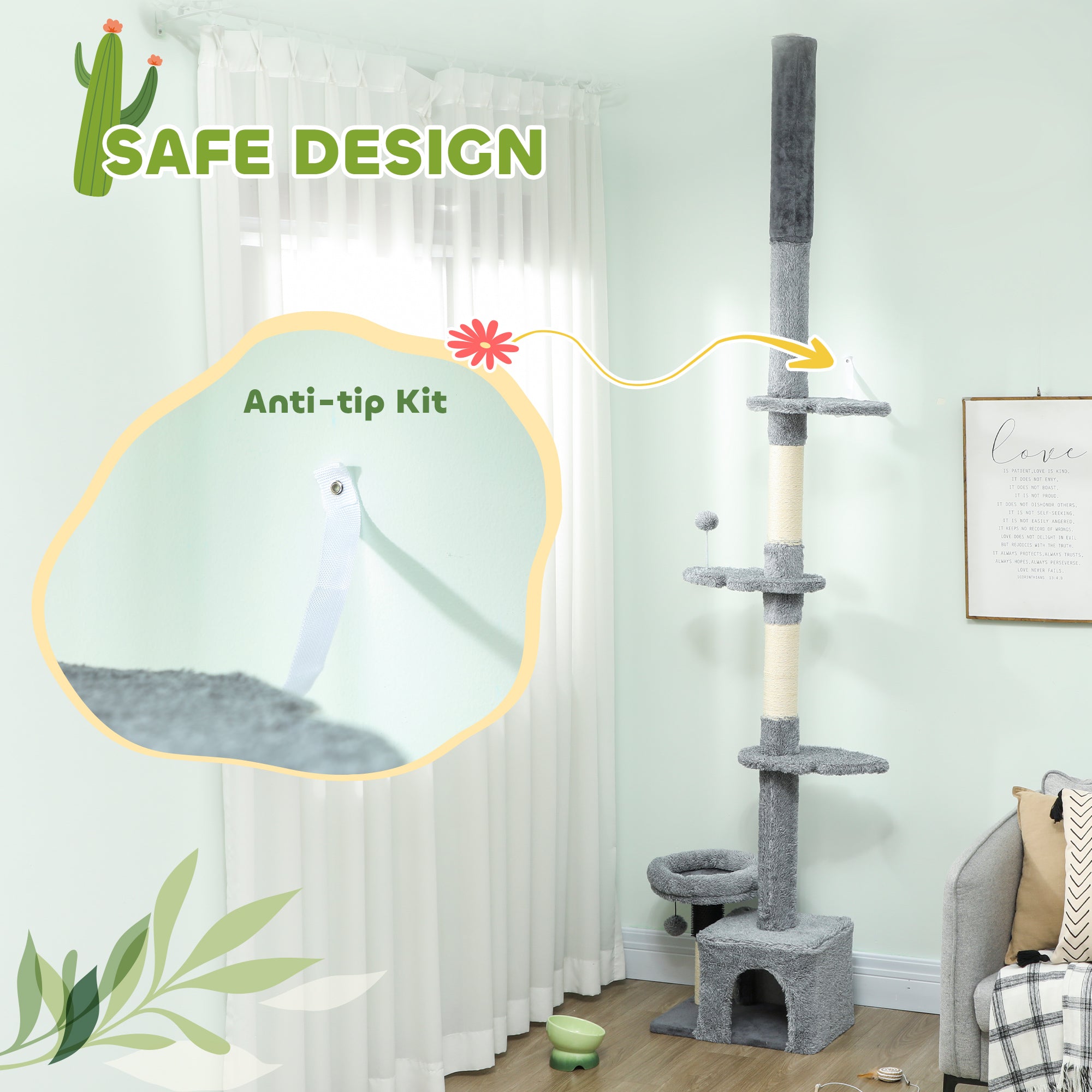 Floor to Ceiling Cat Tree, 4 Tiers Cat Tower, Adjustable Height 89-100", Tall Kitty Climbing Tower w/ Scratching Post, Condo, Bed, Perches, Dangling Ball for Indoor Kittens