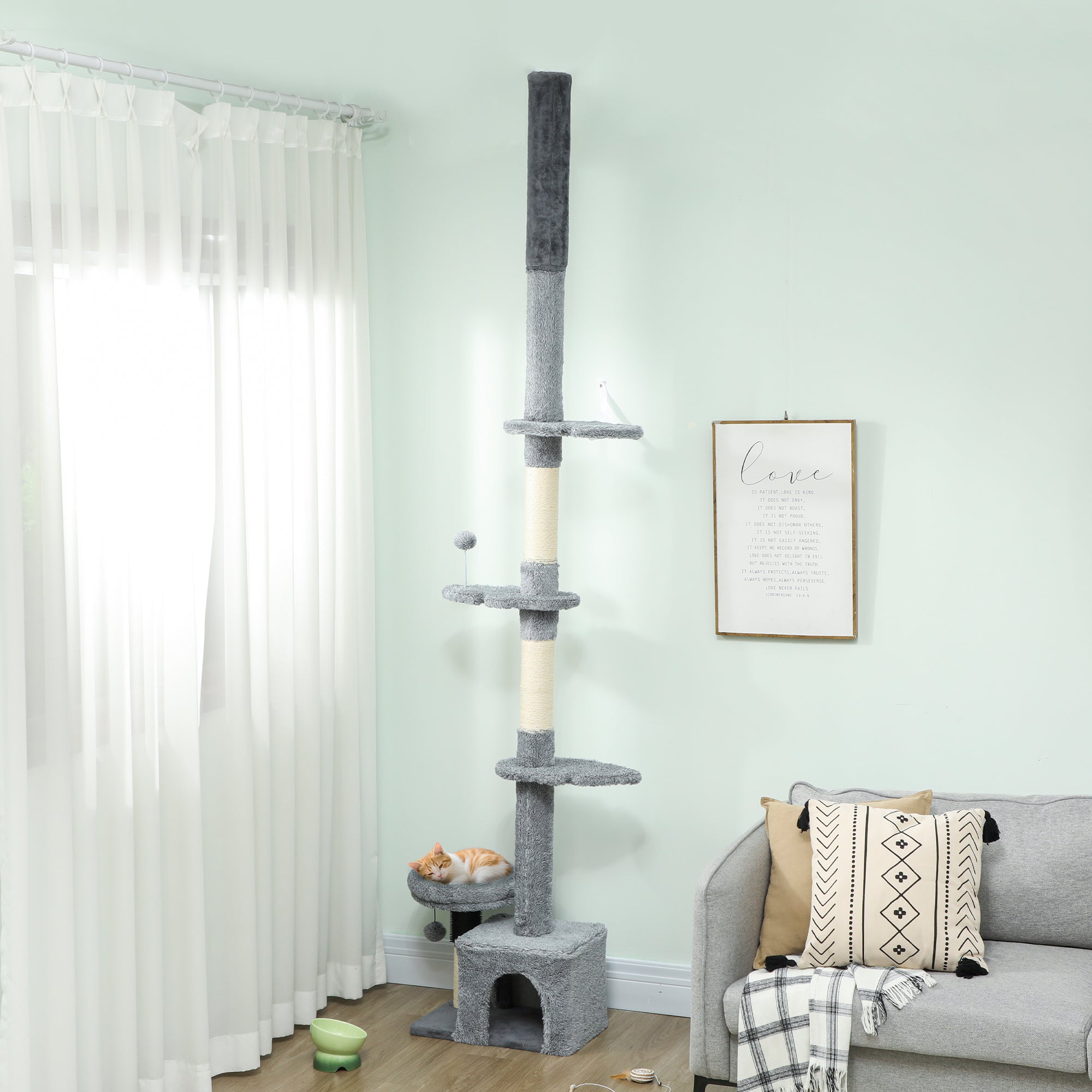 Floor to Ceiling Cat Tree, 4 Tiers Cat Tower, Adjustable Height 89-100", Tall Kitty Climbing Tower w/ Scratching Post, Condo, Bed, Perches, Dangling Ball for Indoor Kittens