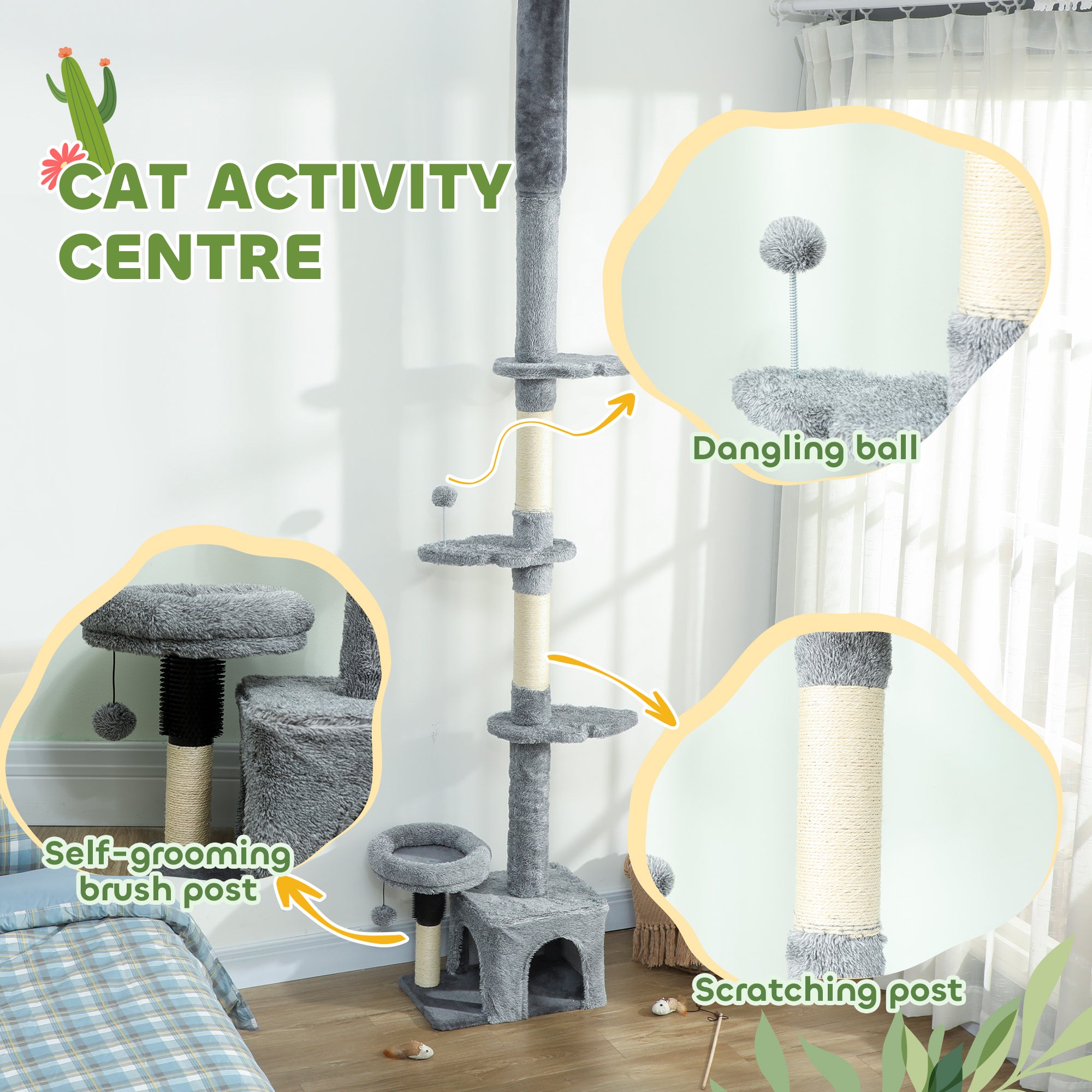 Floor to Ceiling Cat Tree, 4 Tiers Cat Tower, Adjustable Height 89-100", Tall Kitty Climbing Tower w/ Scratching Post, Condo, Bed, Perches, Dangling Ball for Indoor Kittens