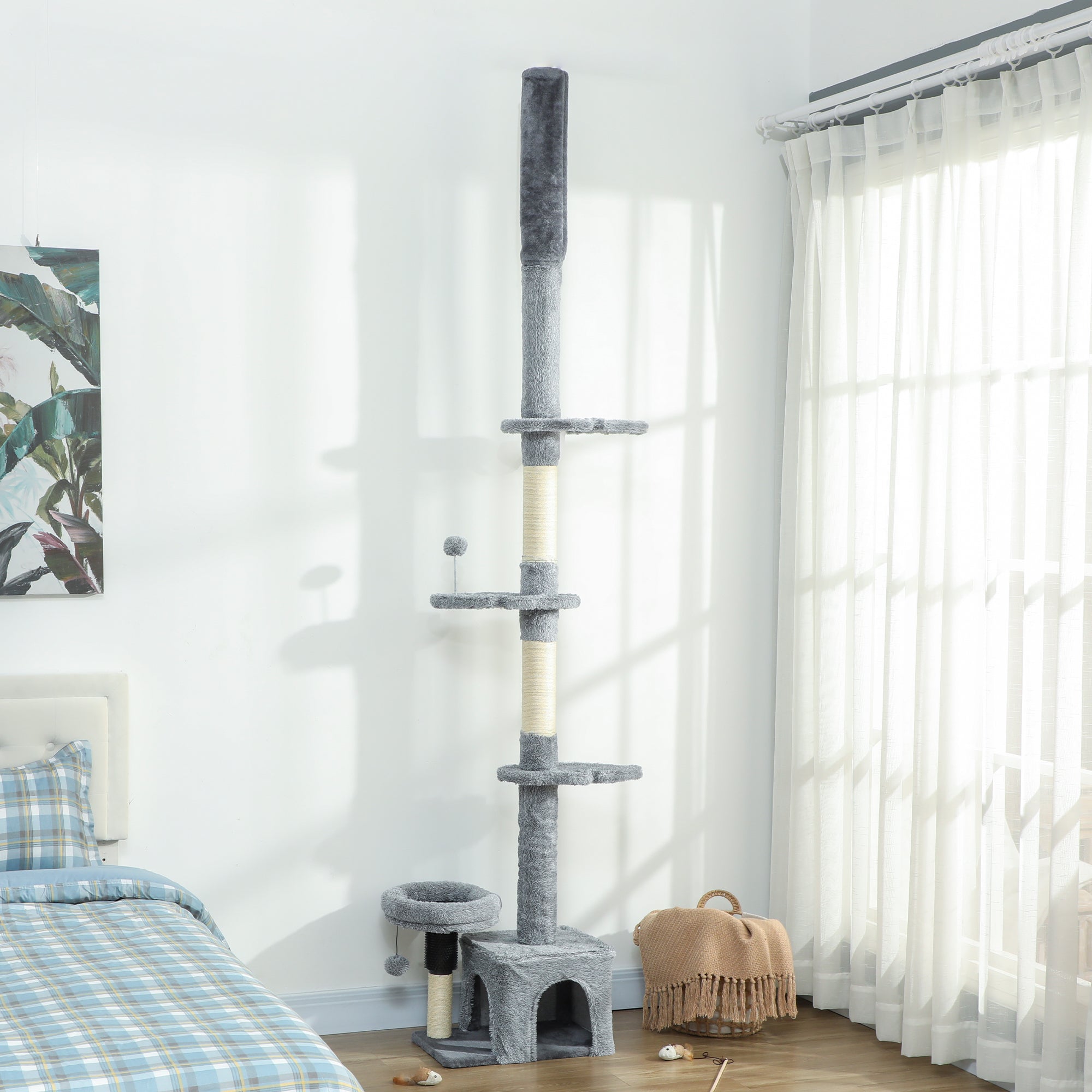 Floor to Ceiling Cat Tree, 4 Tiers Cat Tower, Adjustable Height 89-100", Tall Kitty Climbing Tower w/ Scratching Post, Condo, Bed, Perches, Dangling Ball for Indoor Kittens