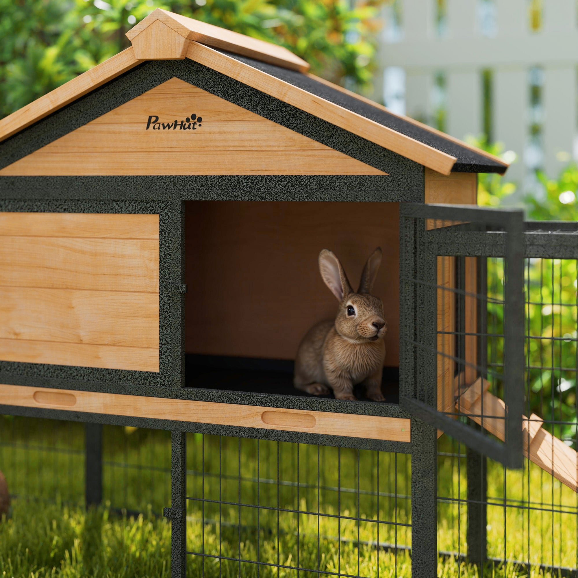 PawHut Rabbit Hutch Outdoor, 85" Large Wooden Bunny Cage with Steel Run, Removable No Leakage Tray, Waterproof Roof, Ramp, Metal Frame Guinea Pig Cage for 2-3 Small Animals Backyard Garden, Yellow